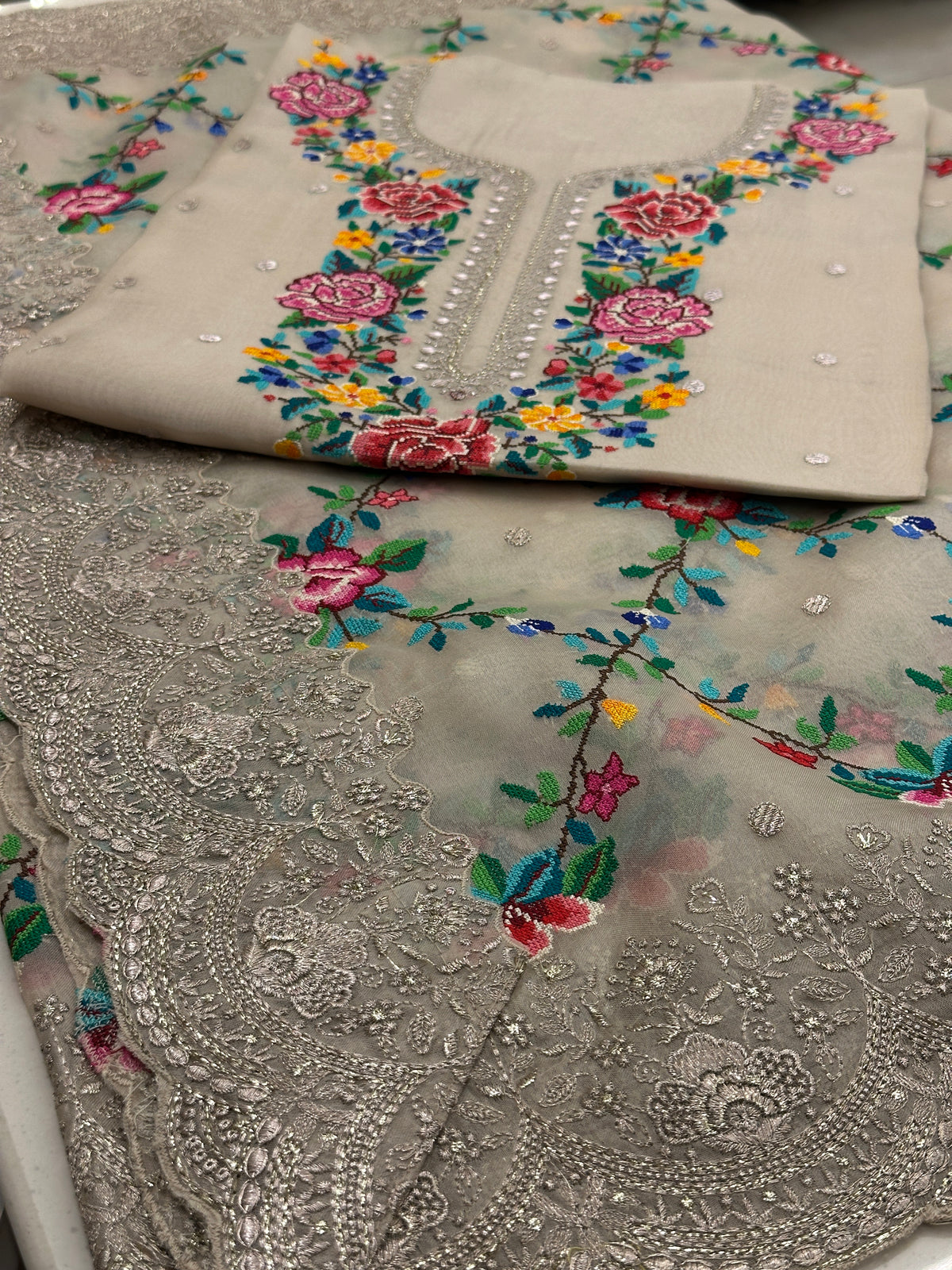 Ivory Pure Organza Cross Stitch Luxury Suit