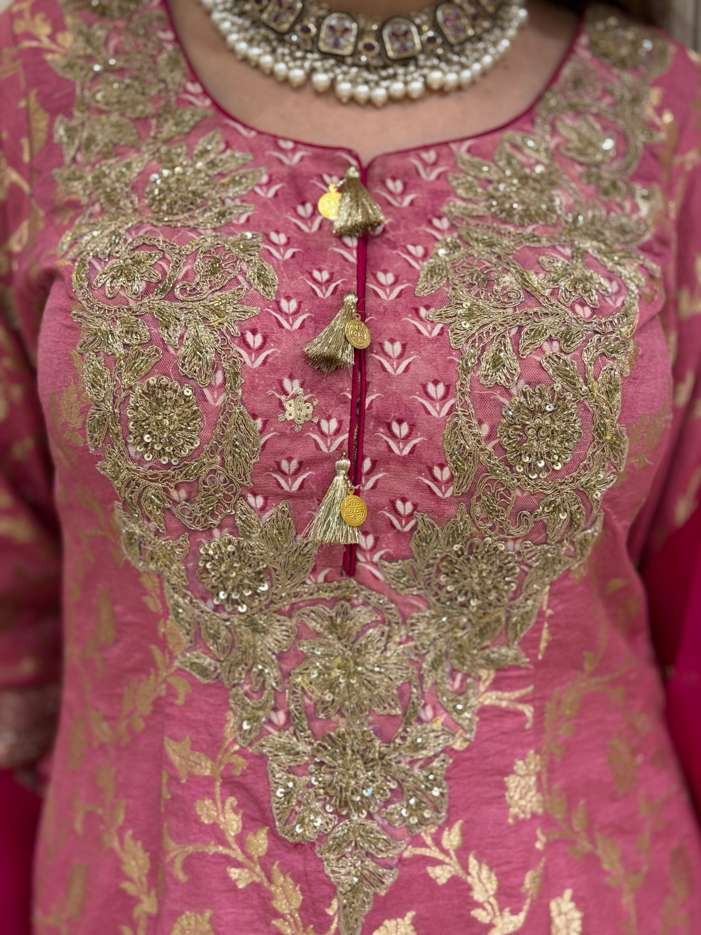 Hand-Embellished Silk Kurta with Chinon Gharara Set
