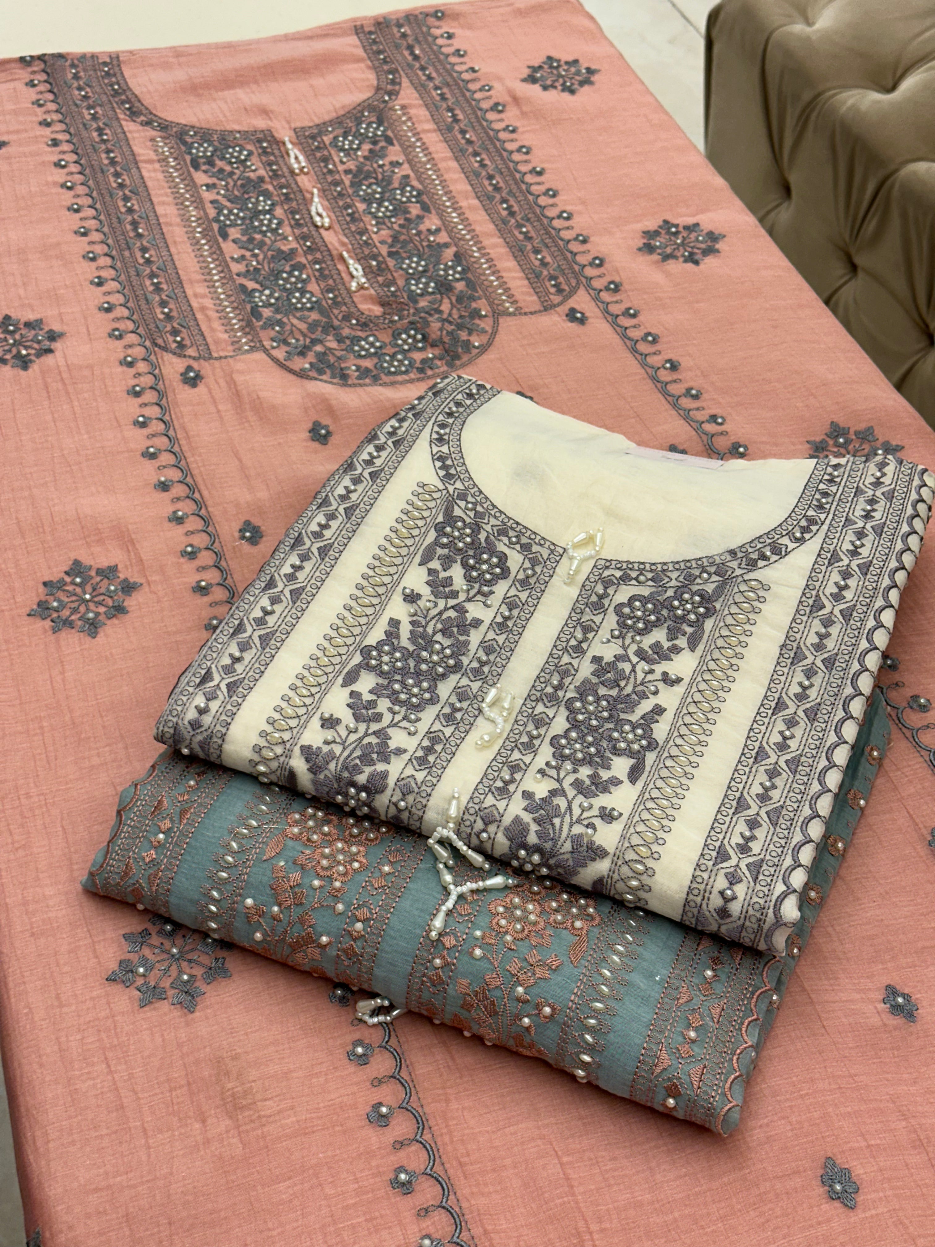 Gulnaar Pearl Embroidered Pure Mull Suit Set