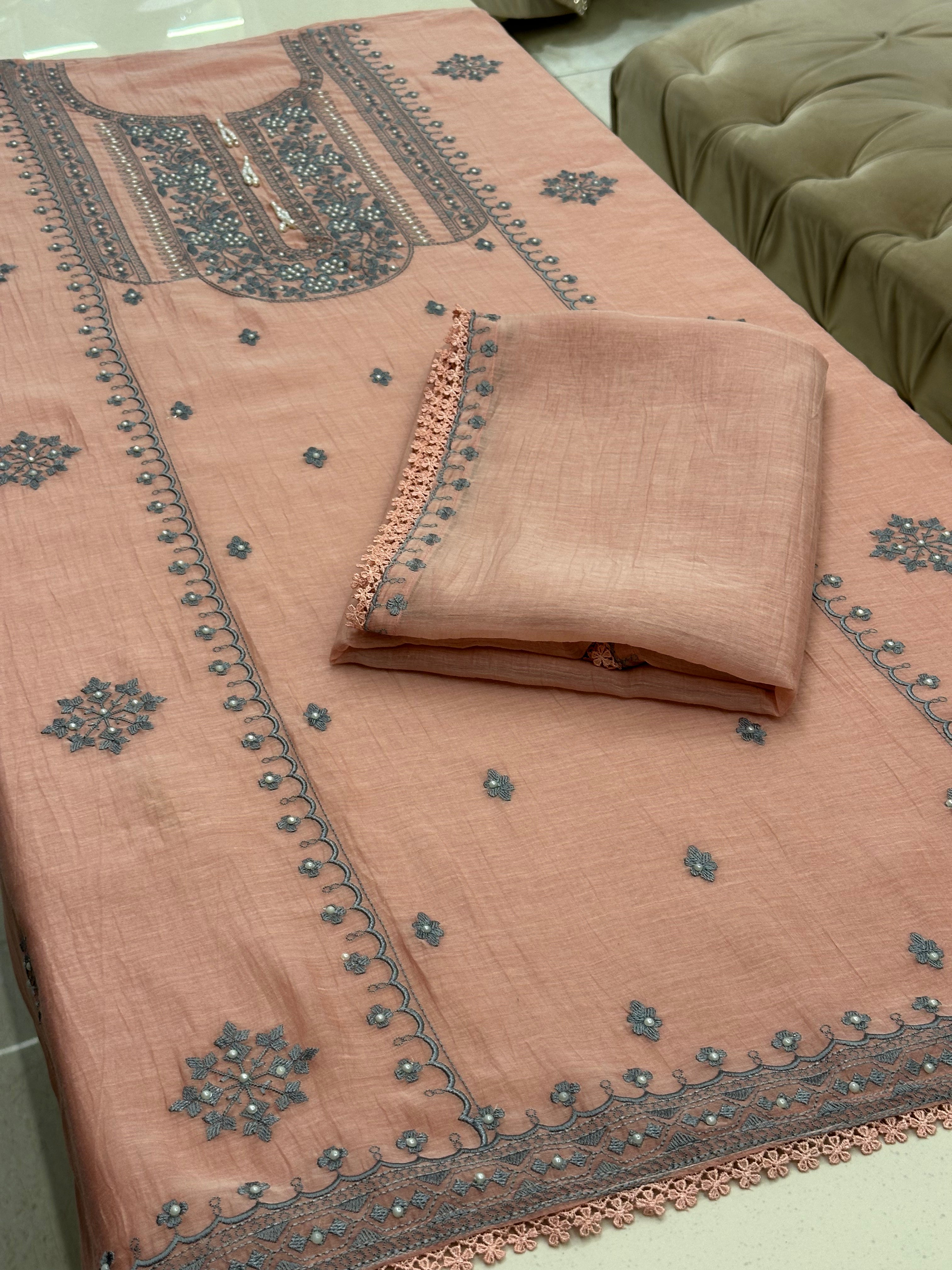 Gulnaar Pearl Embroidered Pure Mull Suit Set