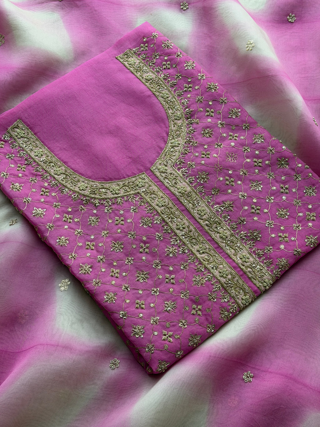 Pink Ombre Organza Suit with Hand Embroidery