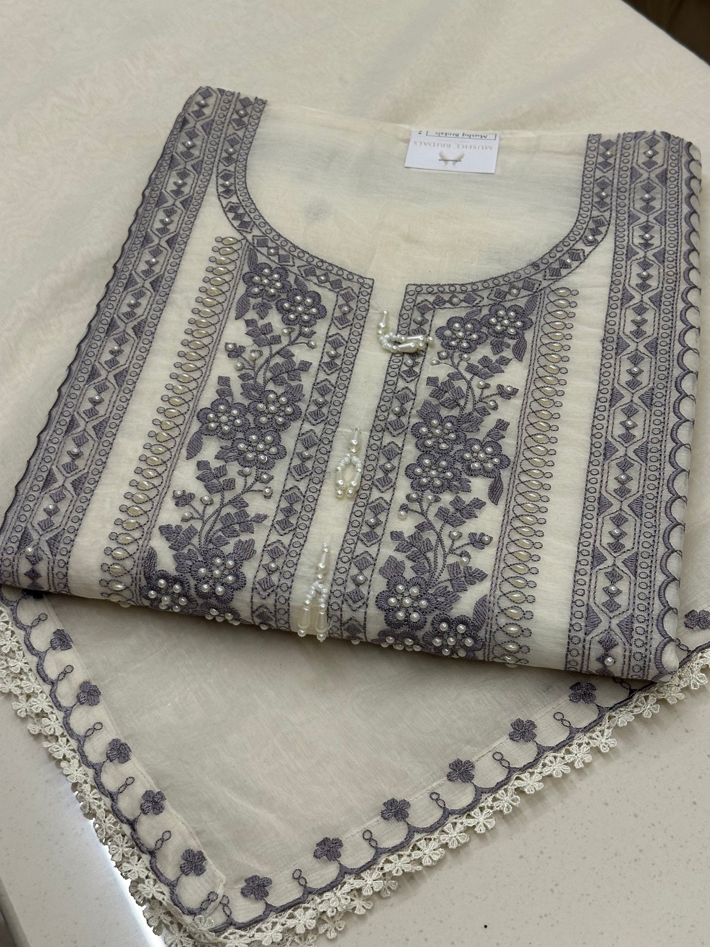 Gulnaar Pearl Embroidered Pure Mull Suit Set