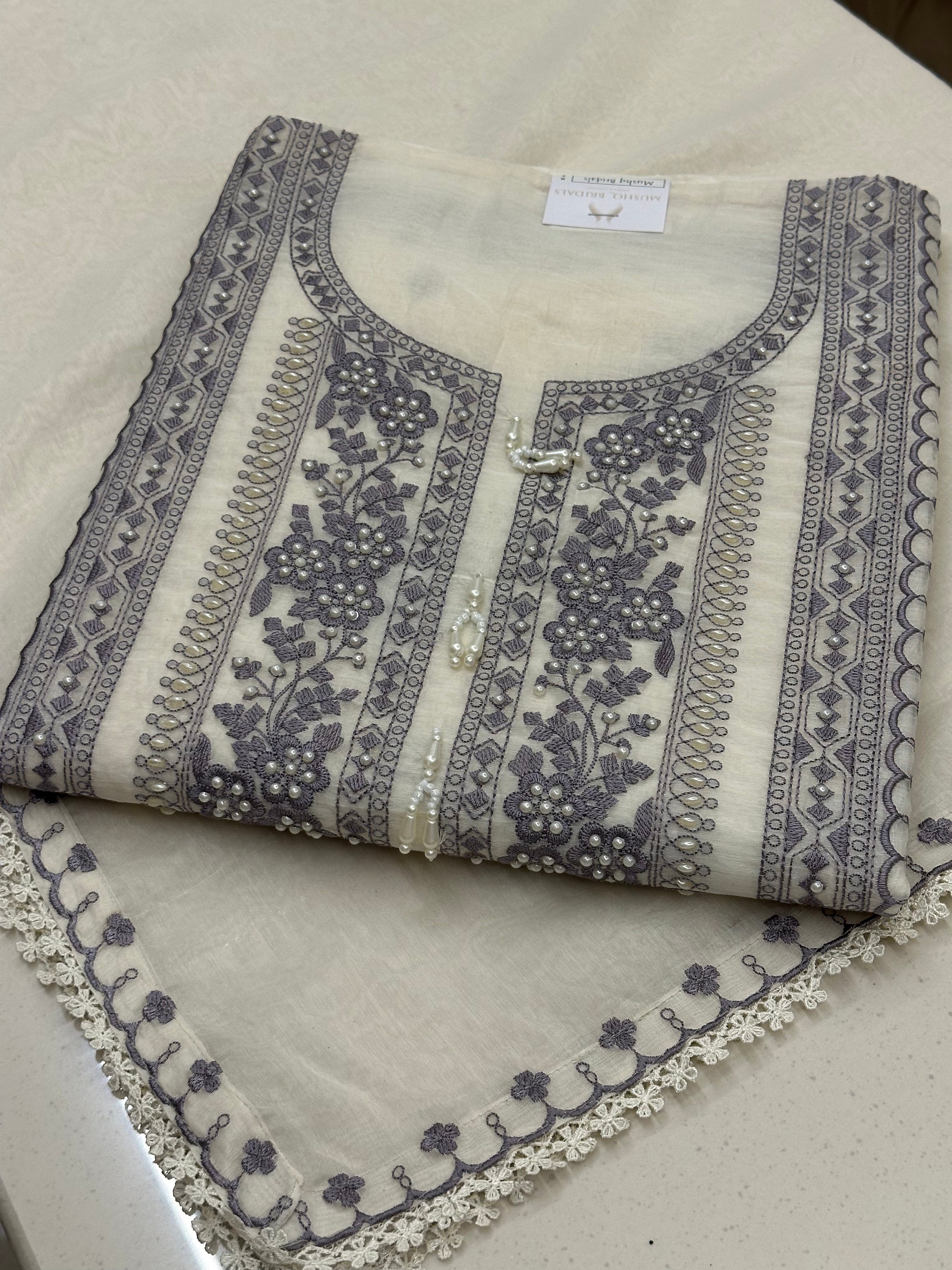 Gulnaar Pearl Embroidered Pure Mull Suit Set