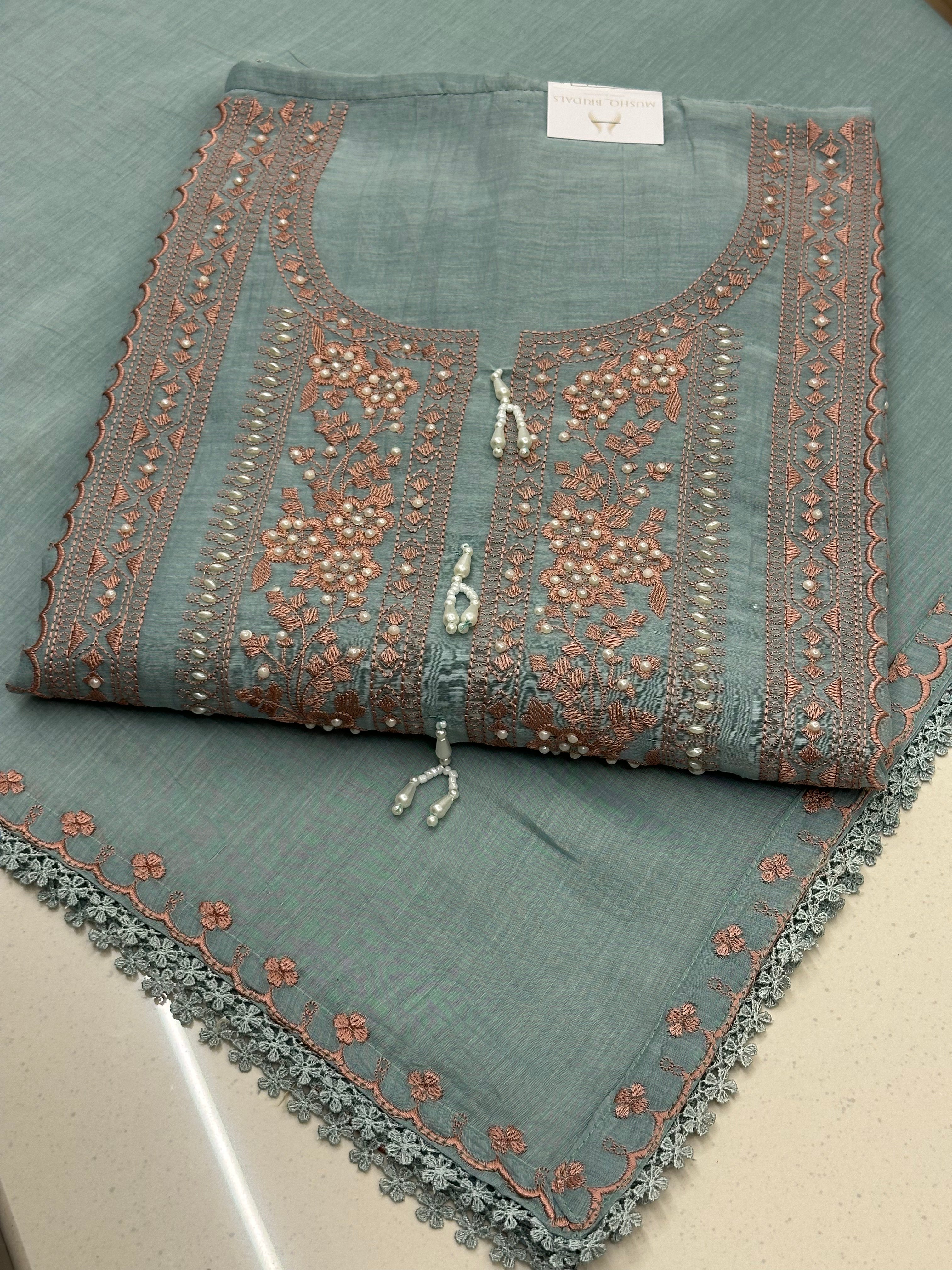 Gulnaar Pearl Embroidered Pure Mull Suit Set