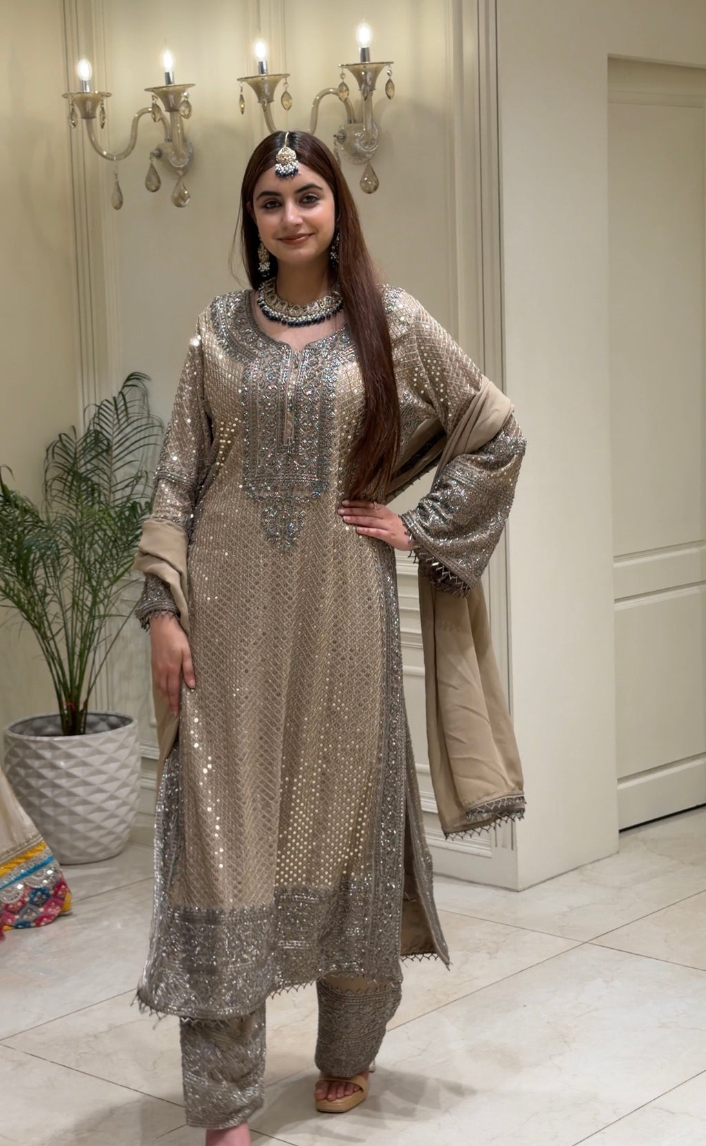 Champagne Blush Mirror & Bead Embroidered Festive Suit Set