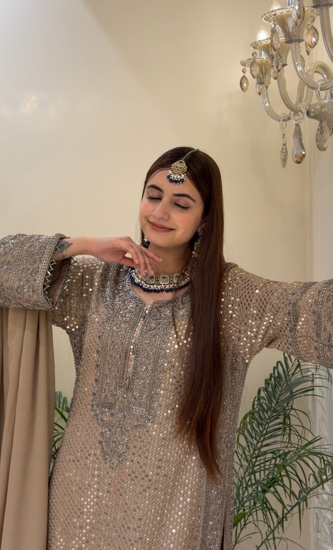 Champagne Blush Mirror & Bead Embroidered Festive Suit Set