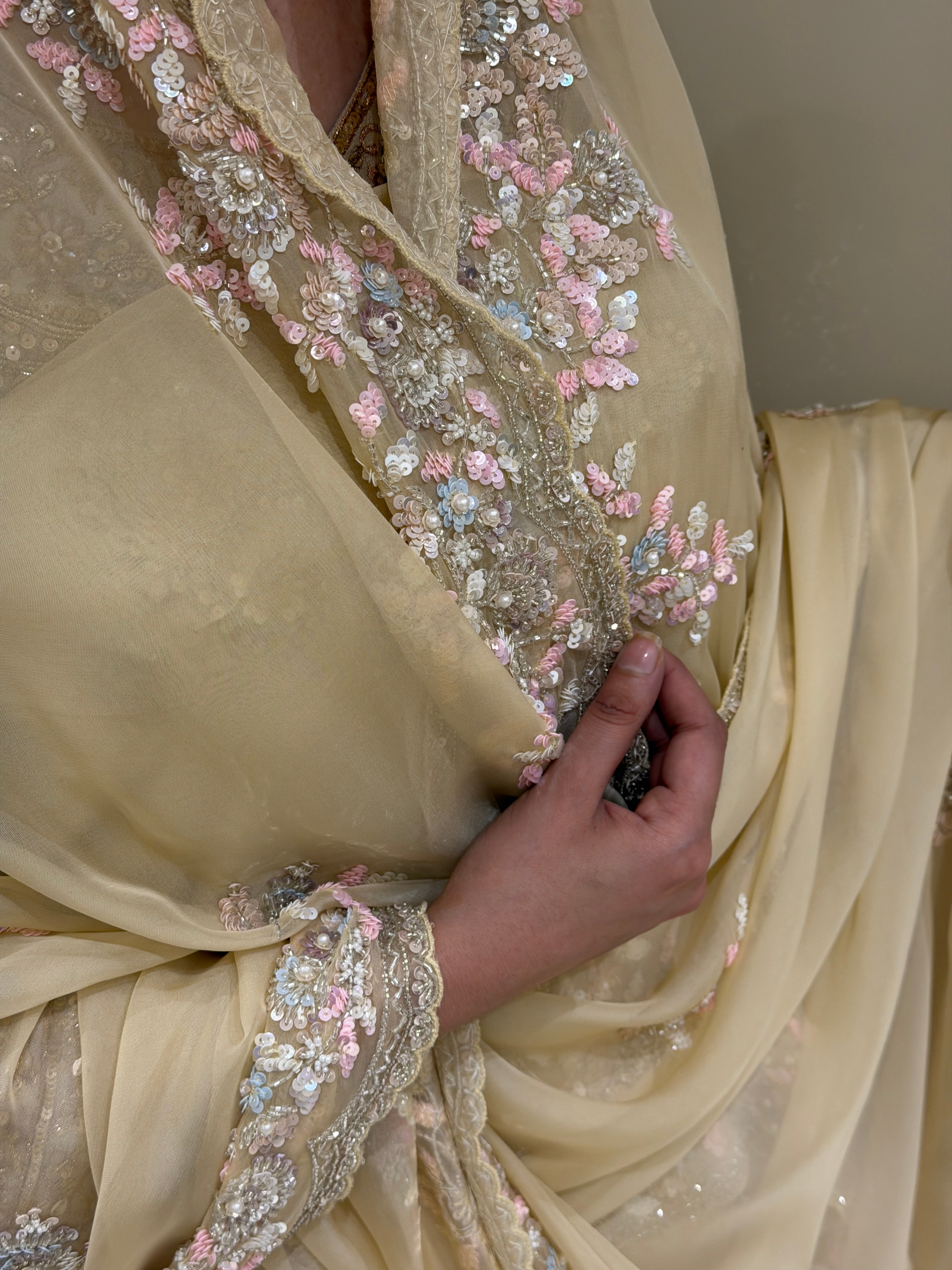 Sequin Embroidered Designer Suit with Elegant Floral Border Dupatta