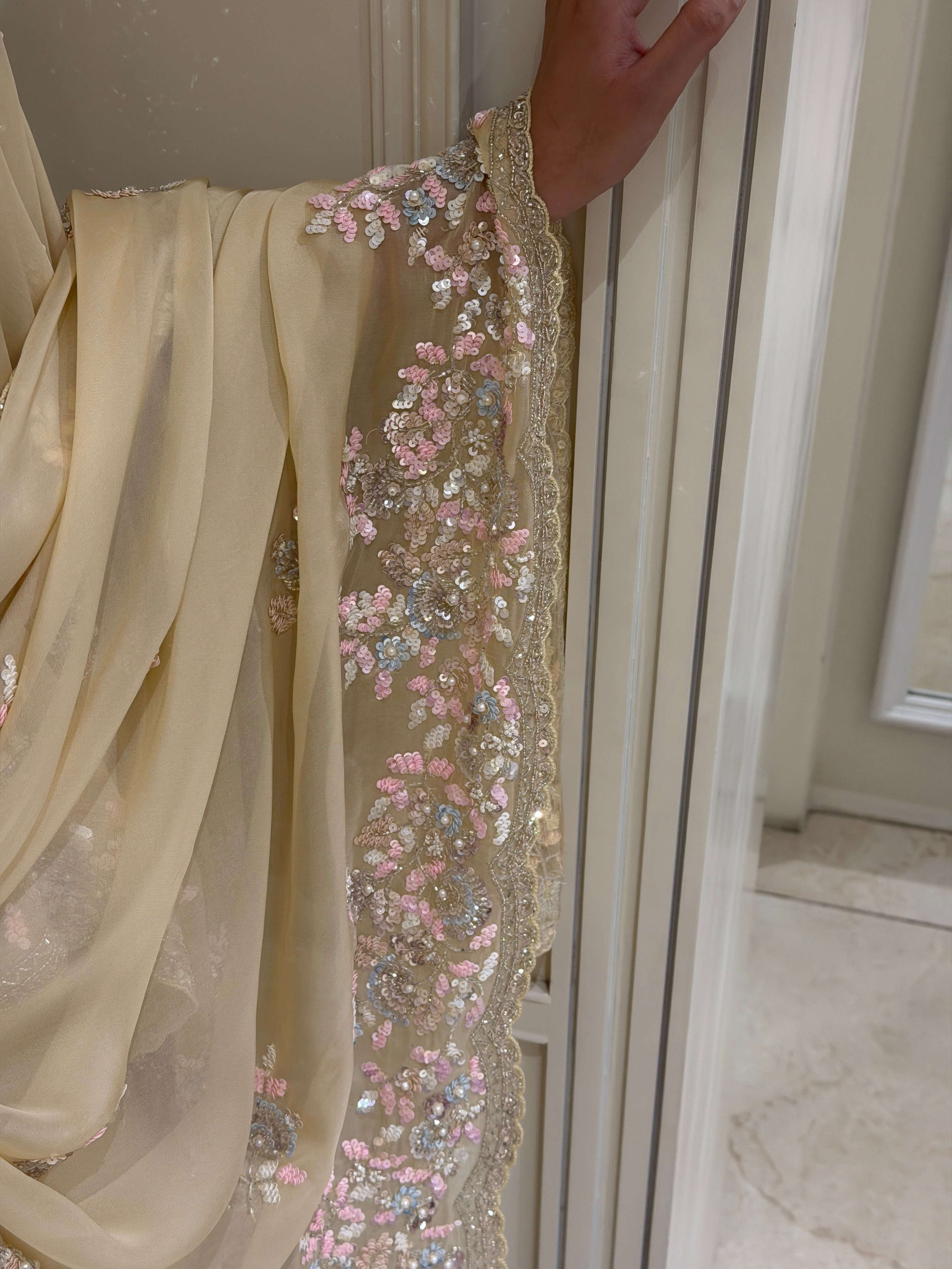 Sequin Embroidered Designer Suit with Elegant Floral Border Dupatta