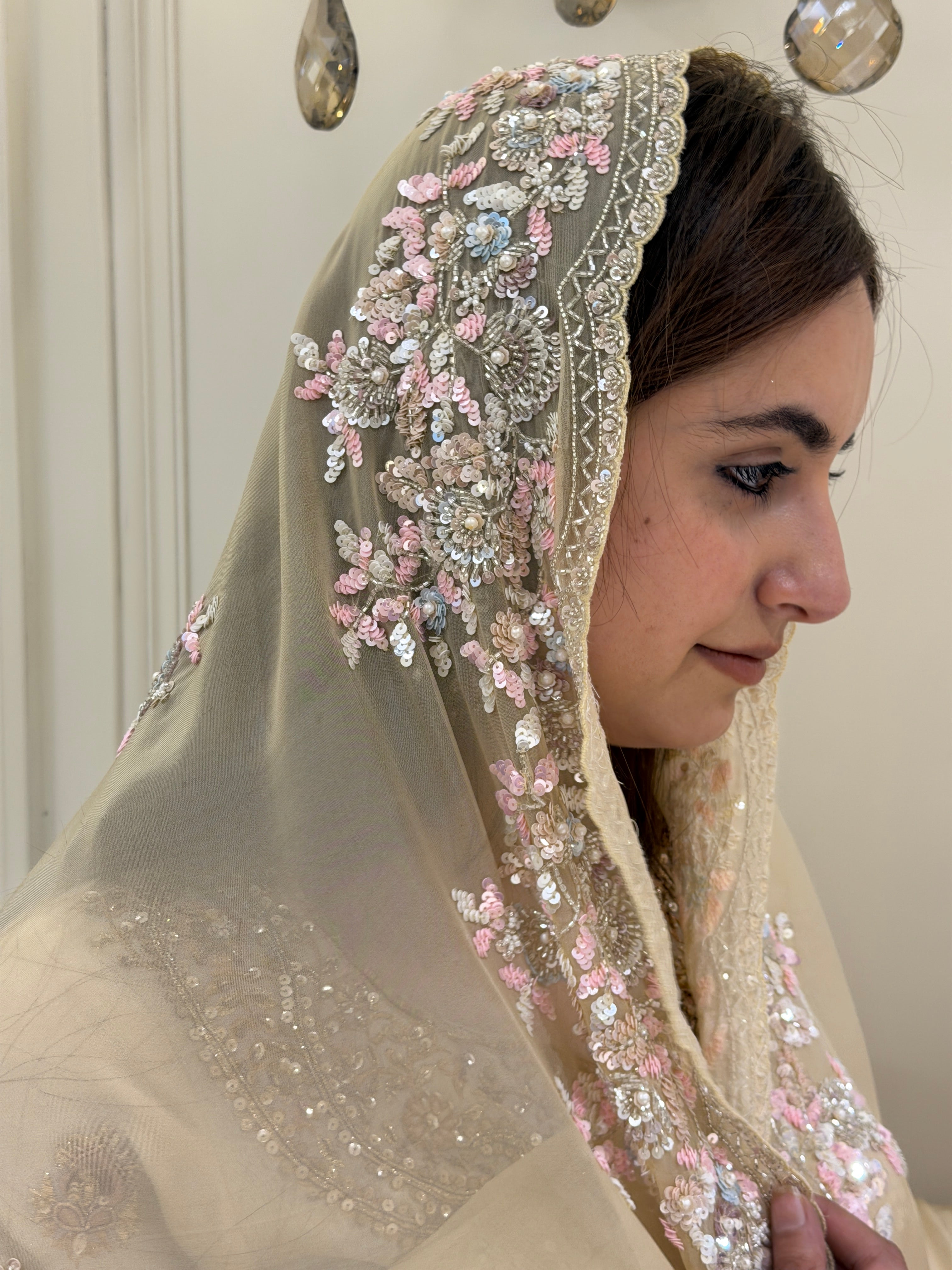 Sequin Embroidered Designer Suit with Elegant Floral Border Dupatta