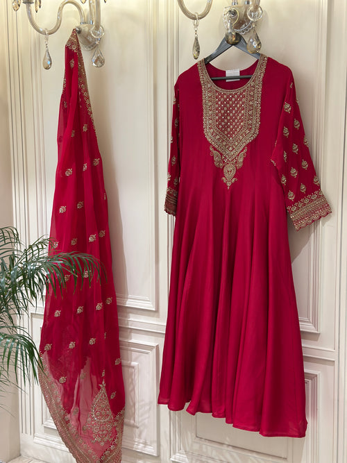 Hand-Embellished Upada Silk Anarkali Suit Set with Organza Dupatta