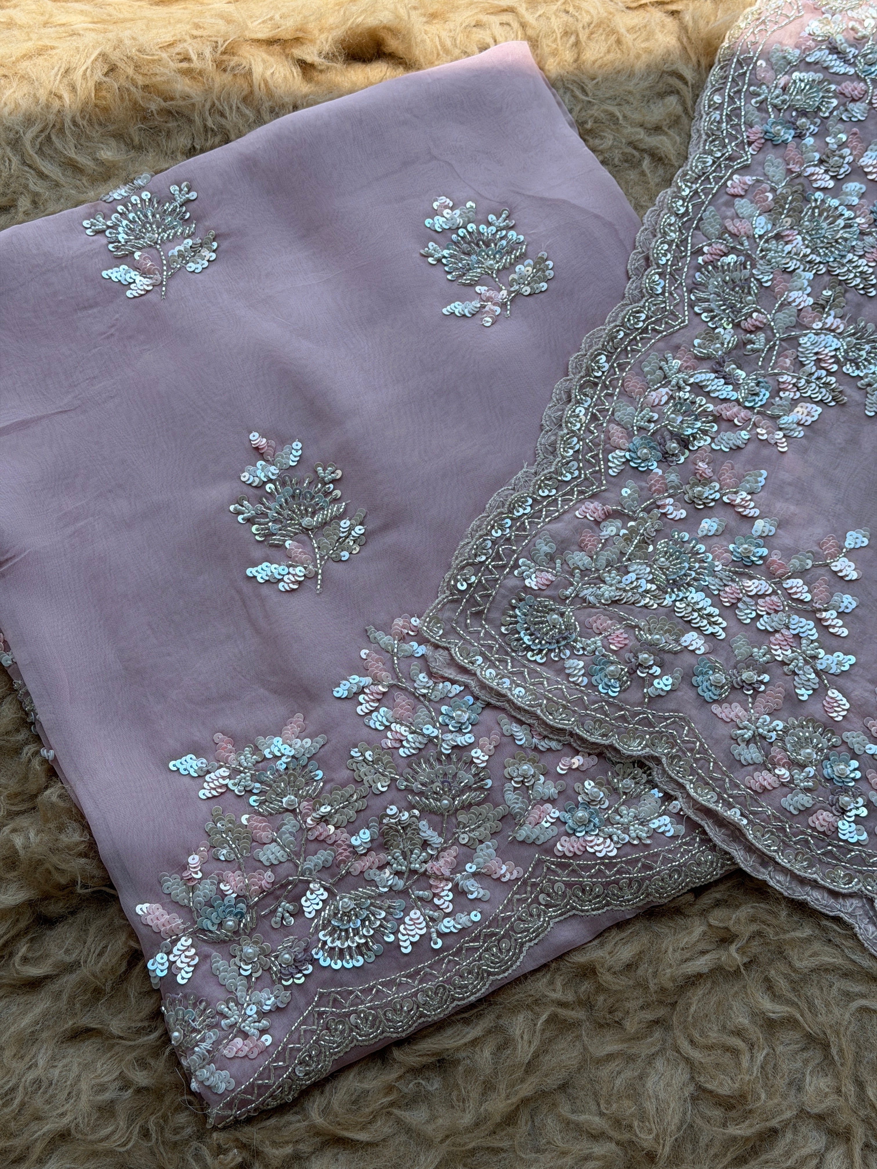 Sequin Embroidered Designer Suit with Elegant Floral Border Dupatta