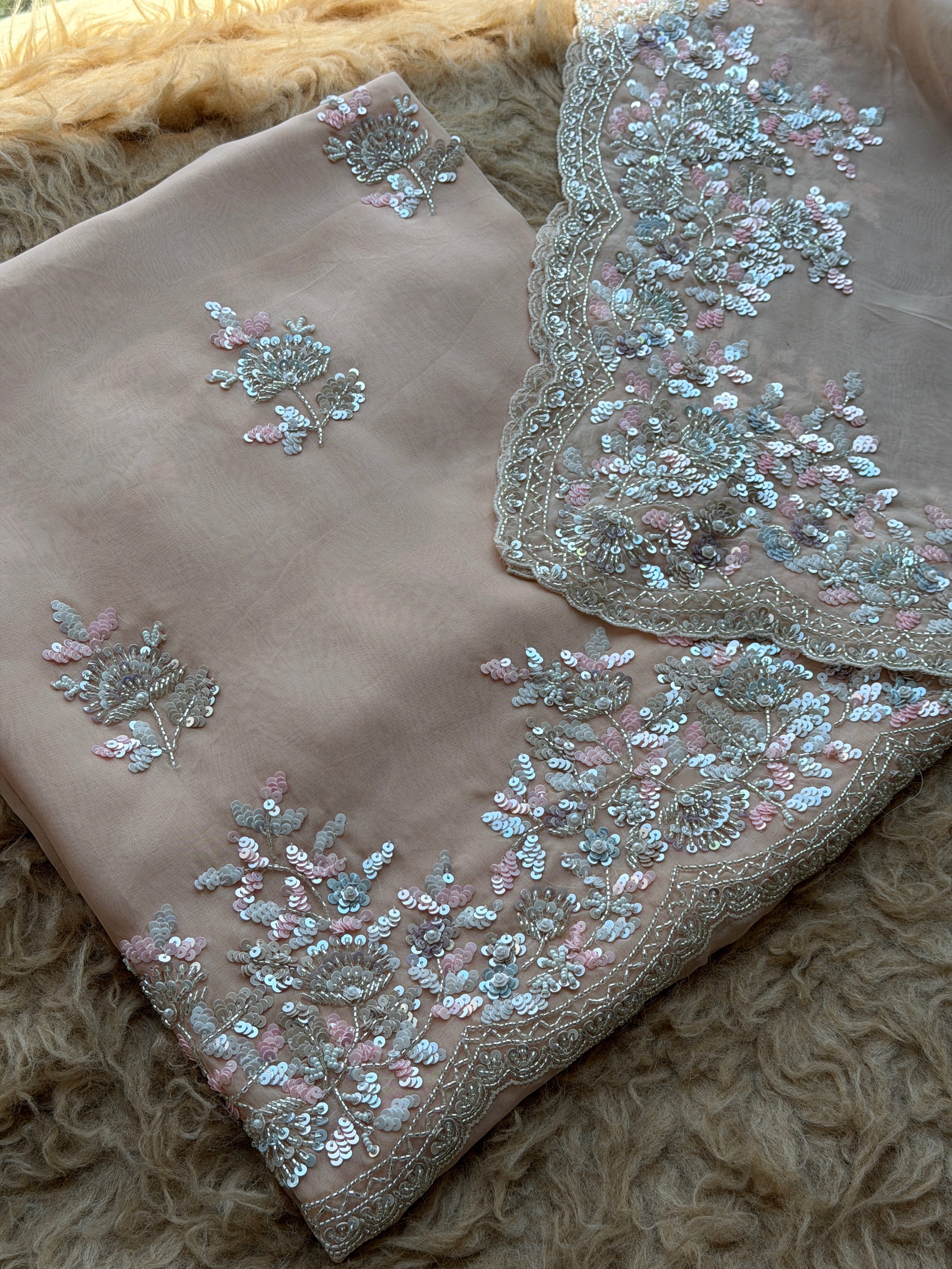 Sequin Embroidered Designer Suit with Elegant Floral Border Dupatta