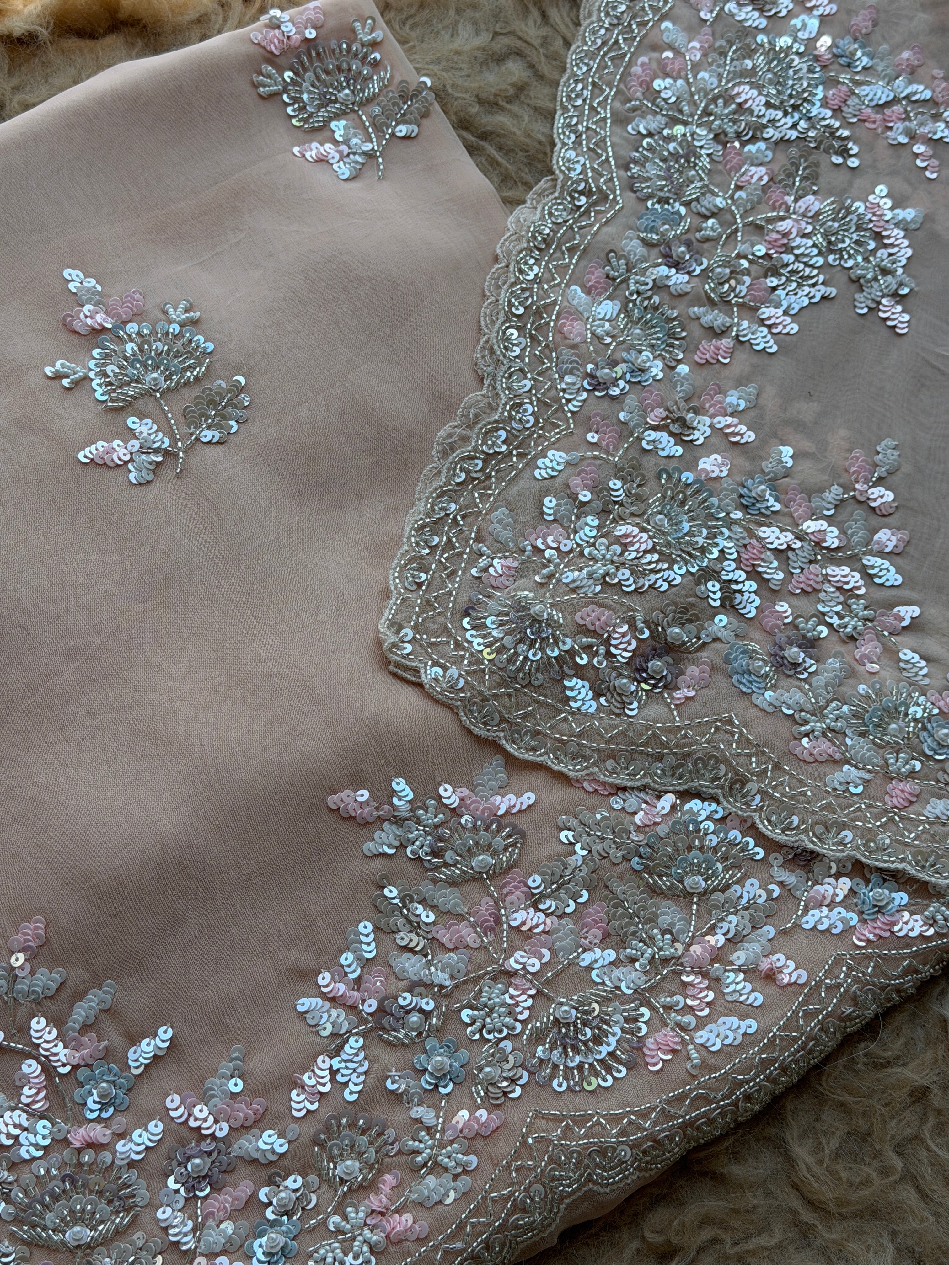 Sequin Embroidered Designer Suit with Elegant Floral Border Dupatta