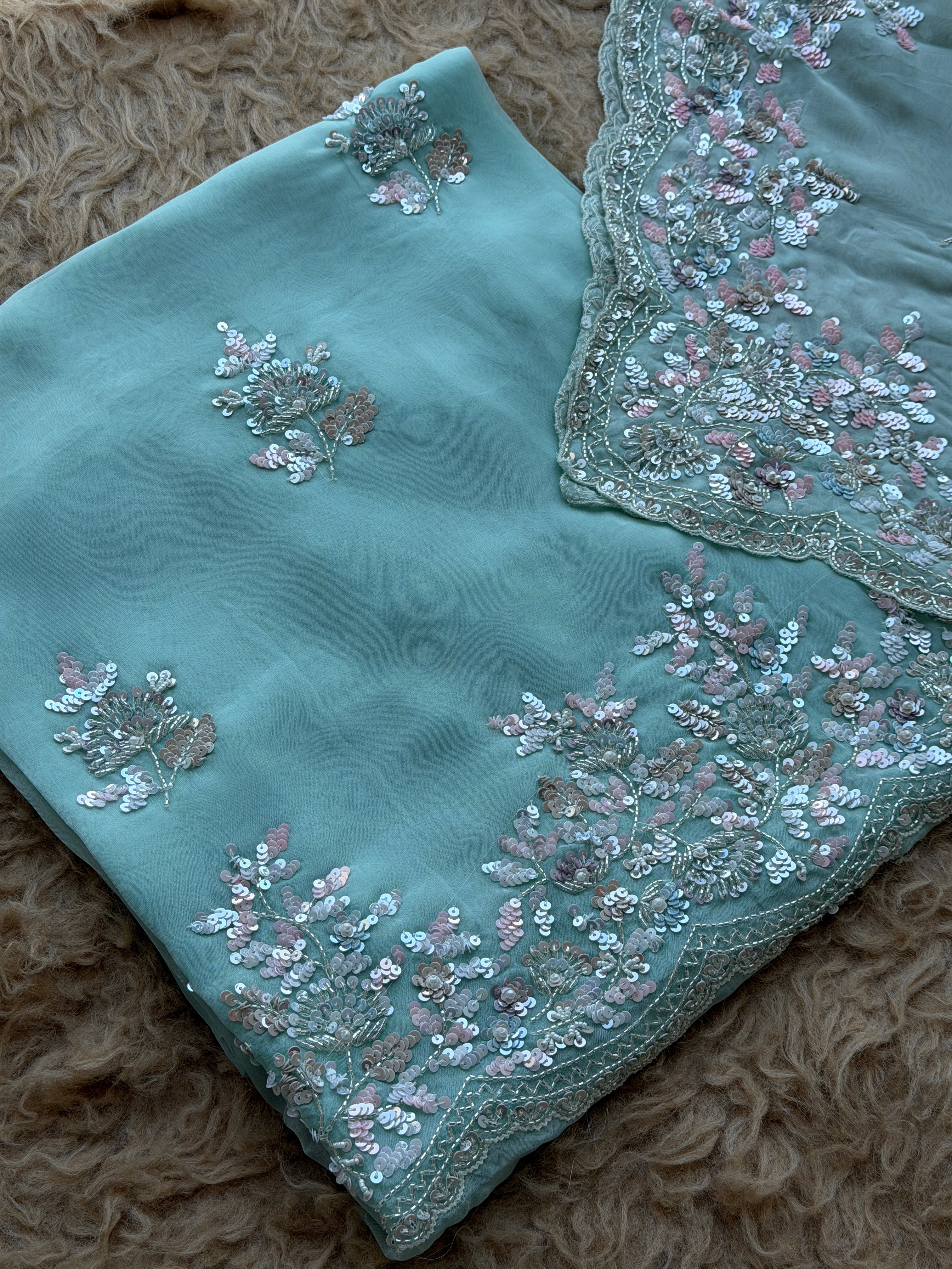 Sequin Embroidered Designer Suit with Elegant Floral Border Dupatta