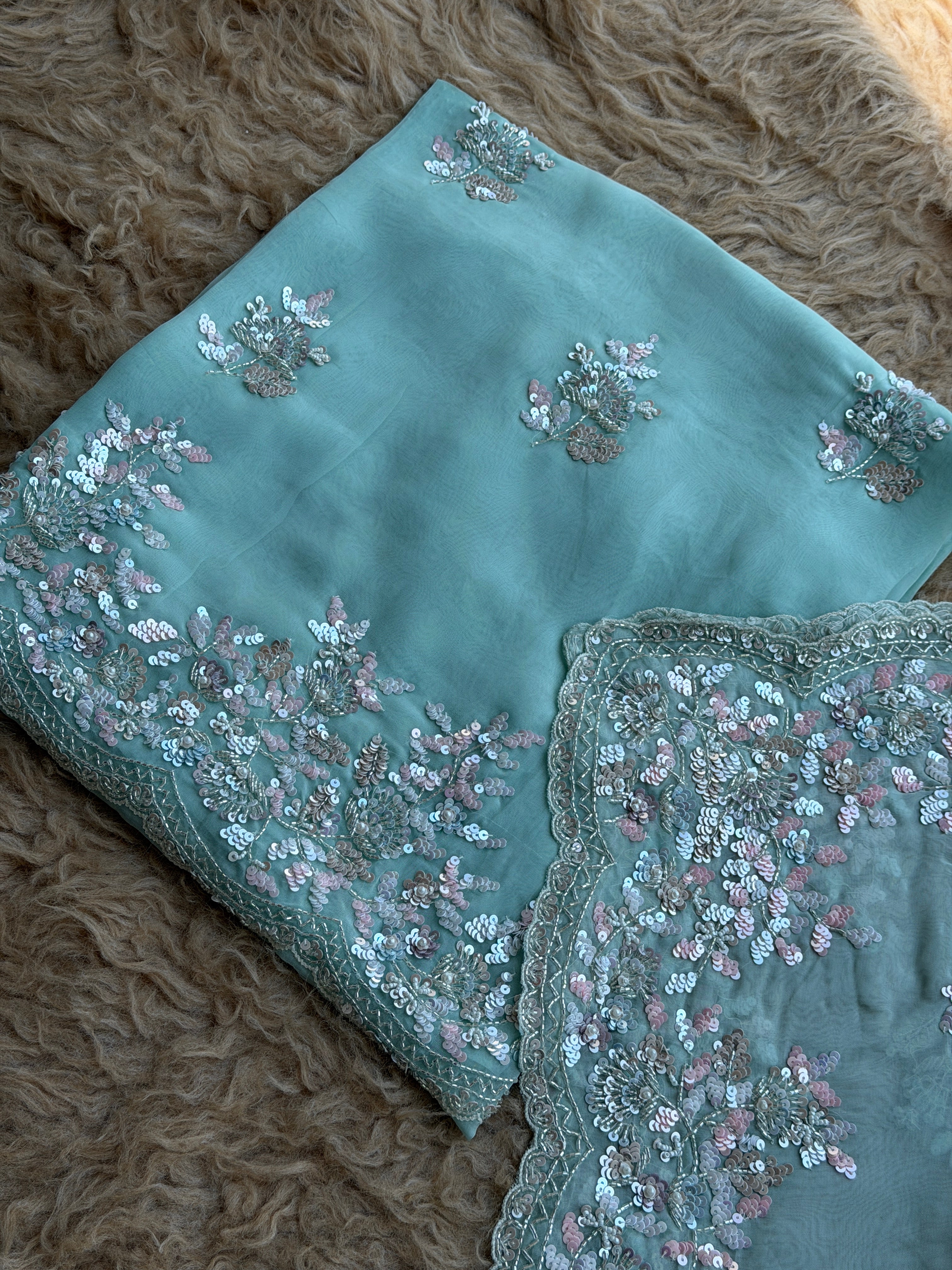 Sequin Embroidered Designer Suit with Elegant Floral Border Dupatta