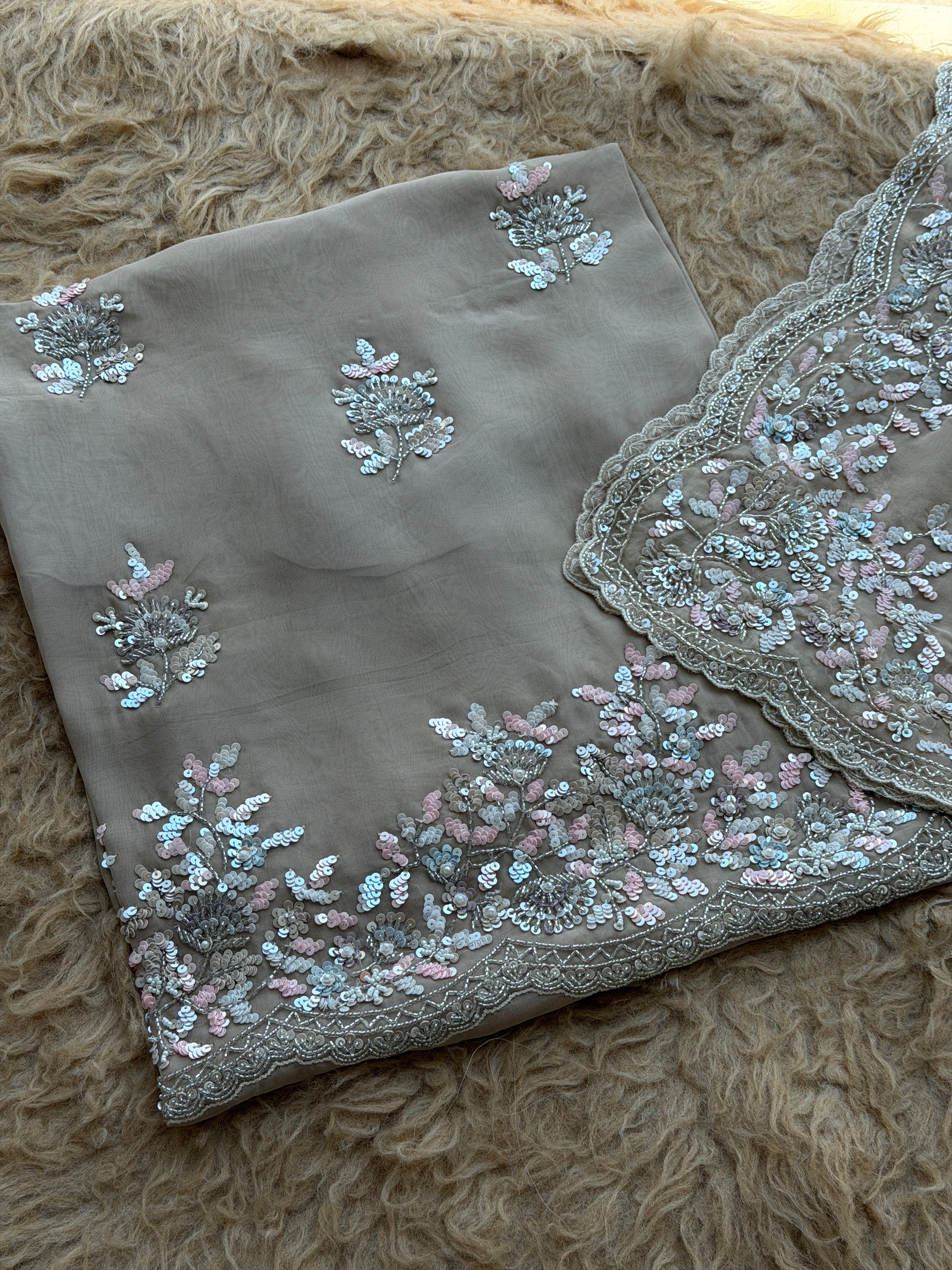 Sequin Embroidered Designer Suit with Elegant Floral Border Dupatta