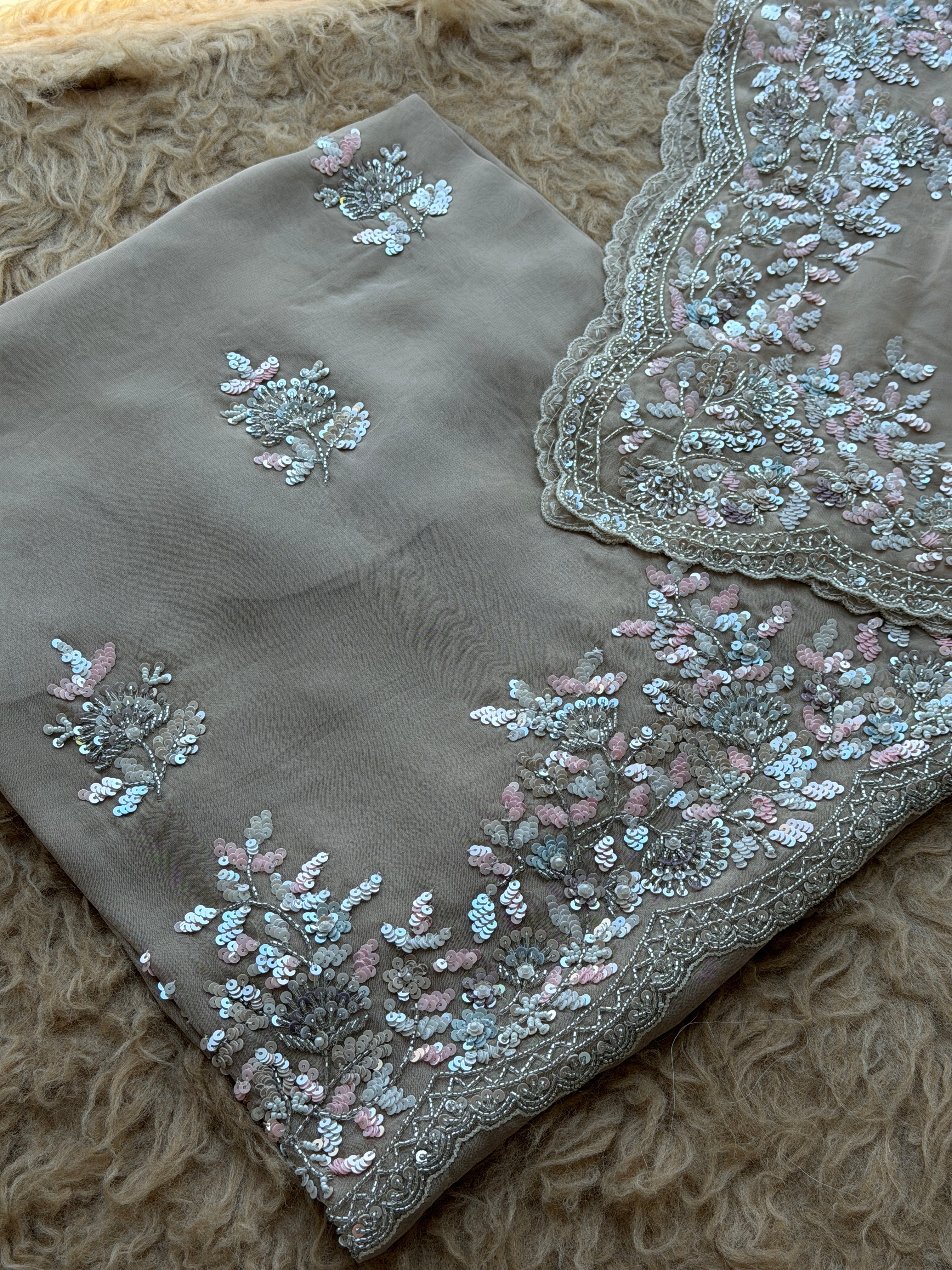 Sequin Embroidered Designer Suit with Elegant Floral Border Dupatta