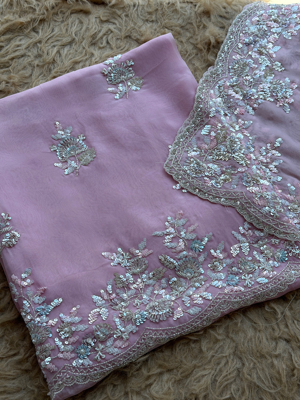 Sequin Embroidered Designer Suit with Elegant Floral Border Dupatta