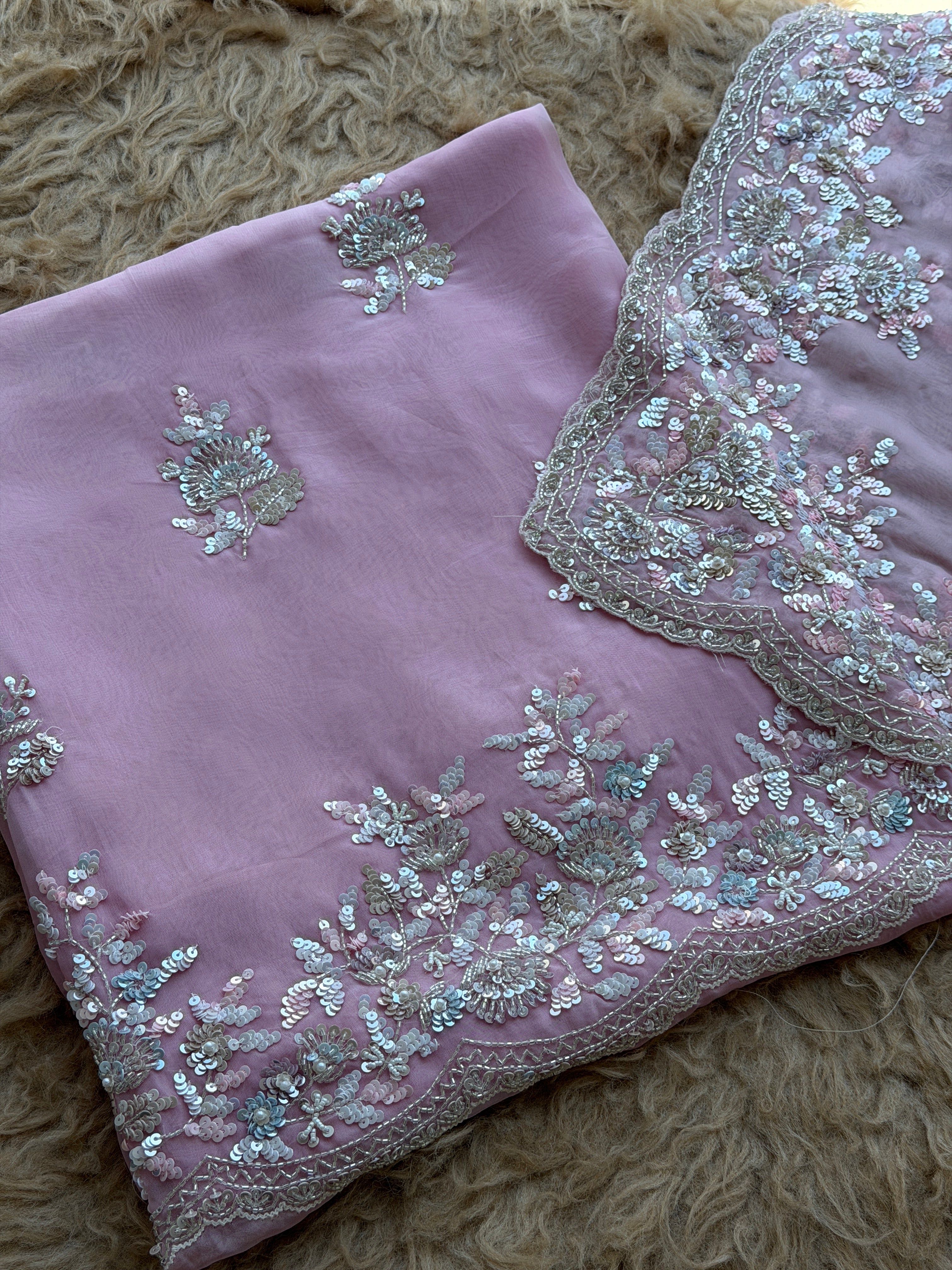 Sequin Embroidered Designer Suit with Elegant Floral Border Dupatta