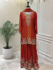 Burnt Orange Tissue Silk Gharara Set