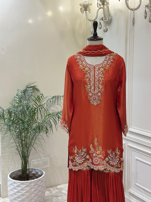 Burnt Orange Tissue Silk Gharara Set