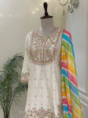 Ivory Silk Gharara Set with Multicolor Organza Dupatta