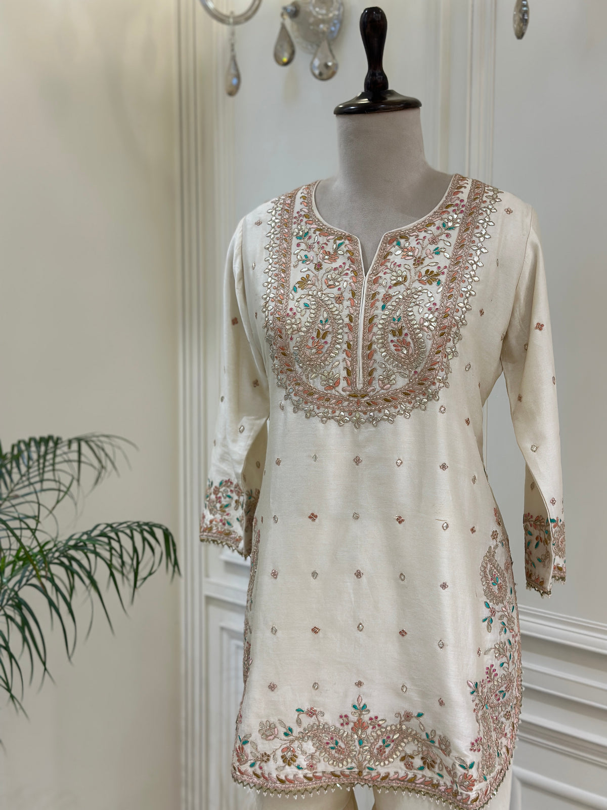 Ivory Silk Gharara Set with Multicolor Organza Dupatta