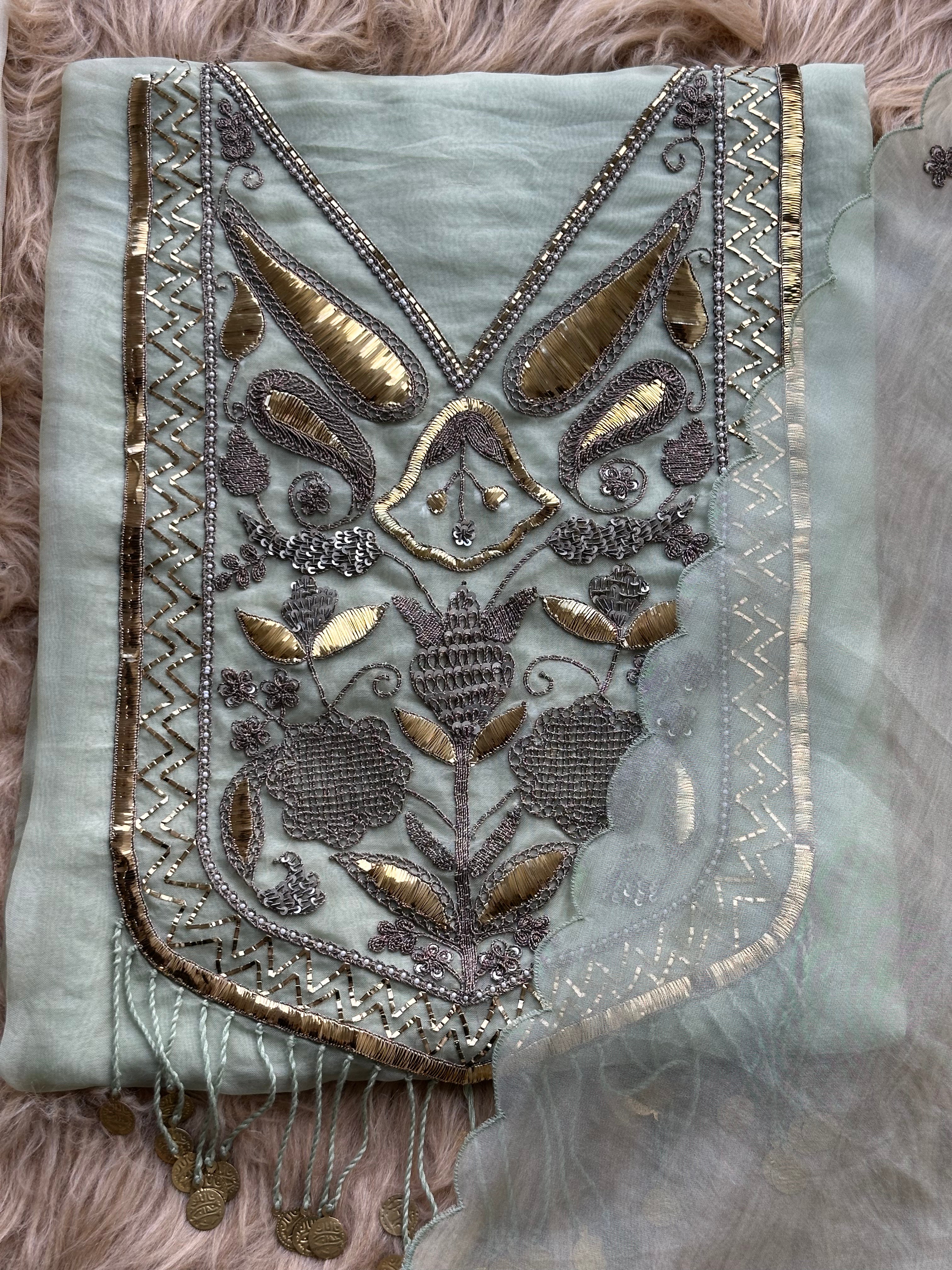 Sage Mint Embroidered Ensemble with Handcrafted Metallic Work