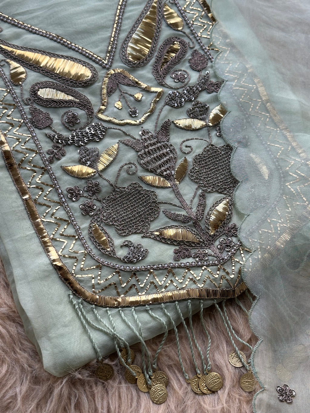 Sage Mint Embroidered Ensemble with Handcrafted Metallic Work