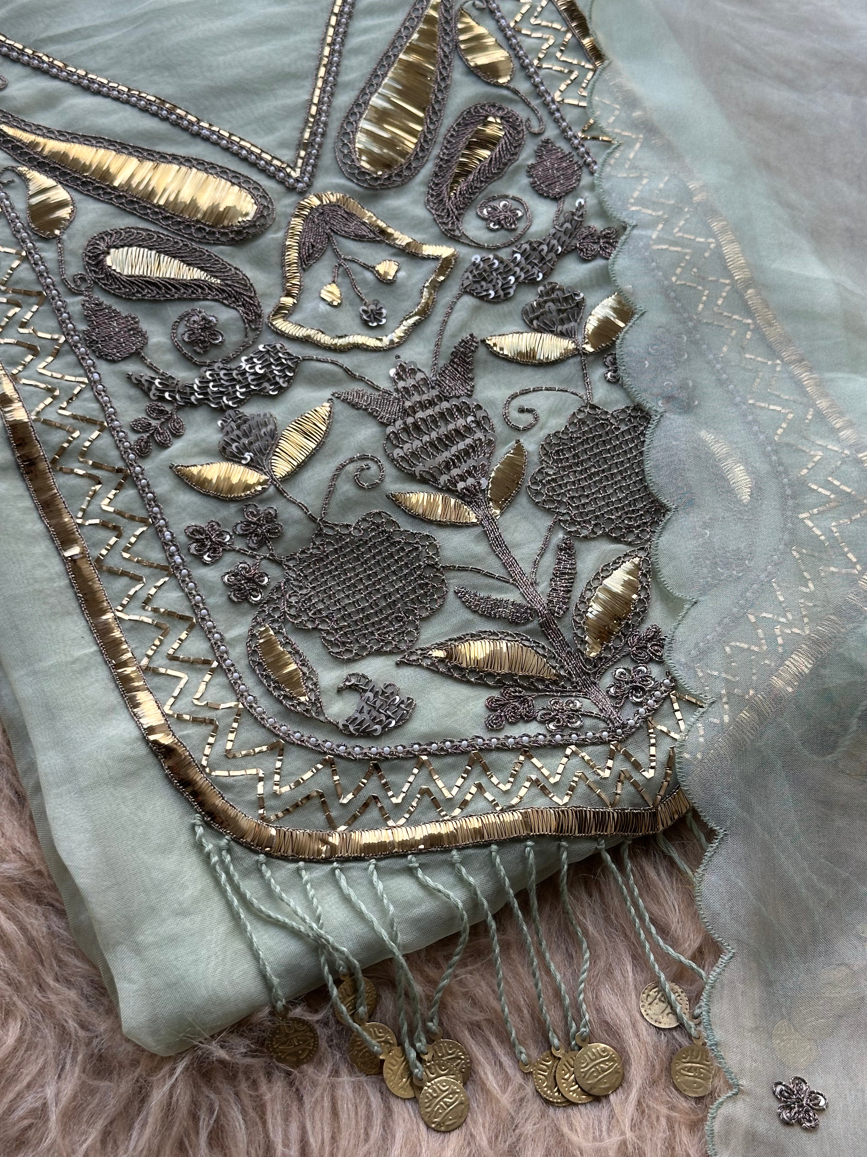 Sage Mint Embroidered Ensemble with Handcrafted Metallic Work