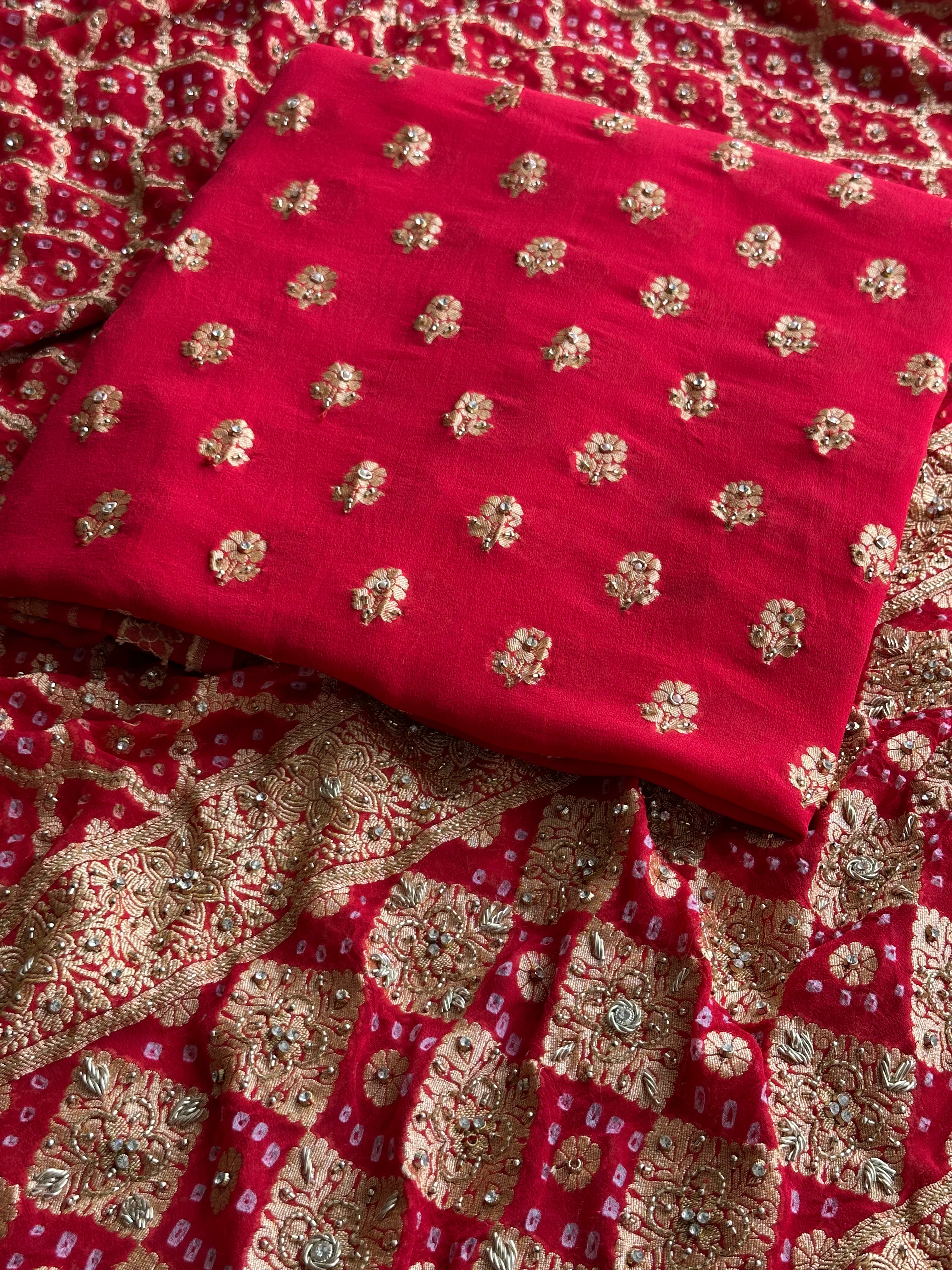 Luxury Banarasi Khaddi Georgette Suit with Heavy Embellished Dupatta & Crepe Bottom