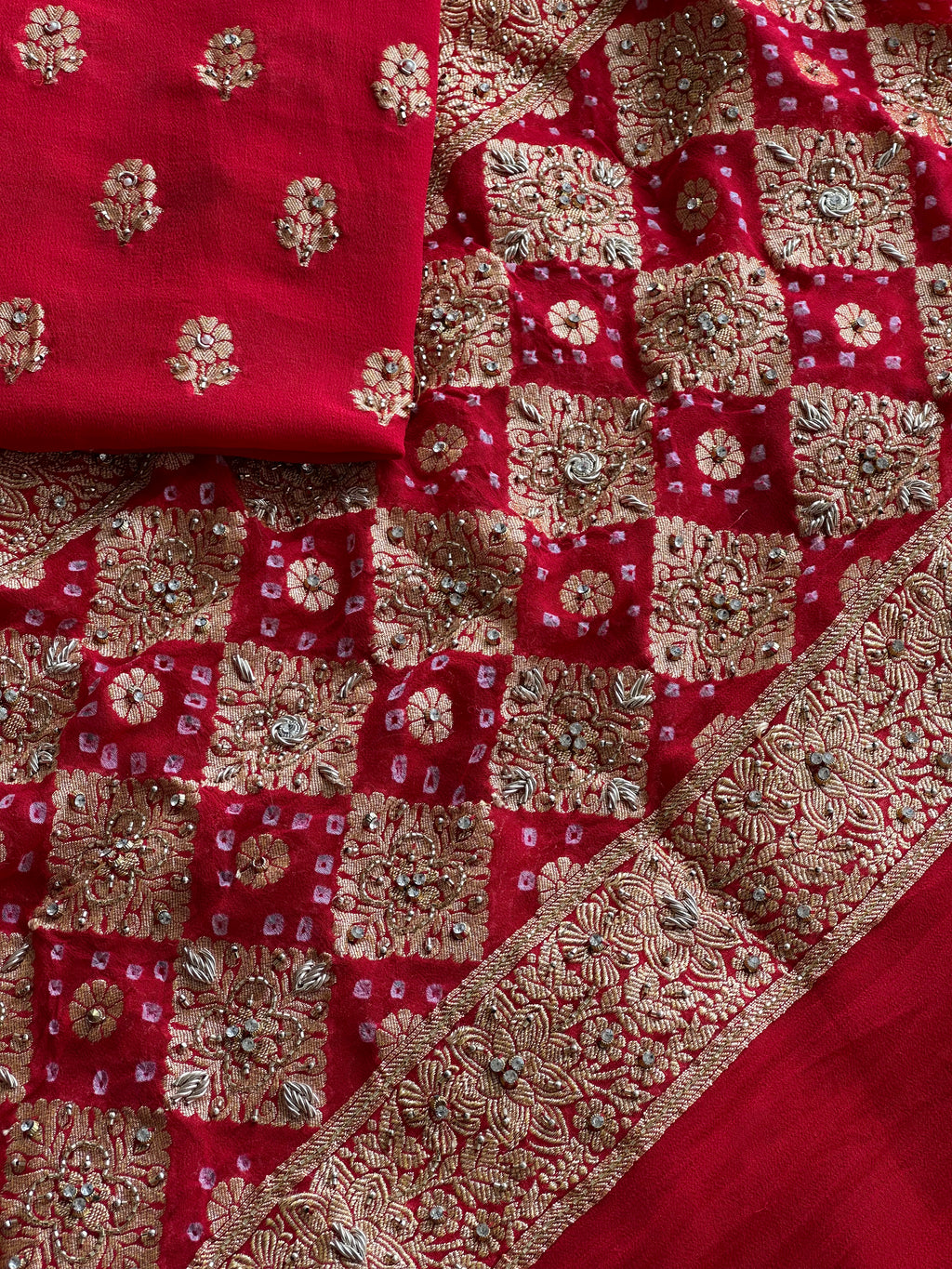 Luxury Banarasi Khaddi Georgette Suit with Heavy Embellished Dupatta & Crepe Bottom
