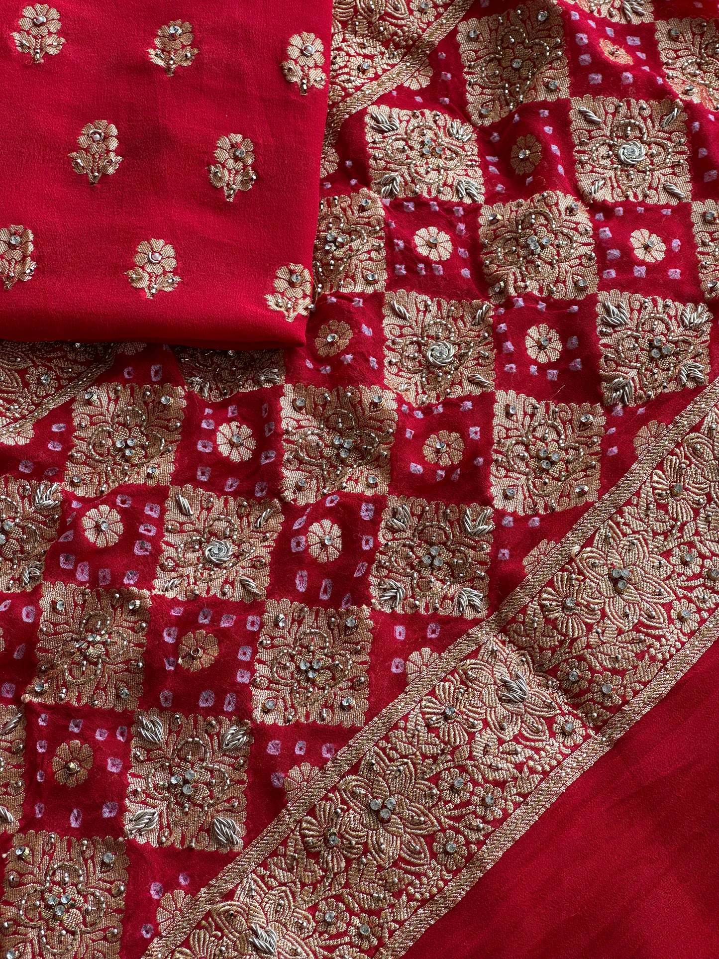 Luxury Banarasi Khaddi Georgette Suit with Heavy Embellished Dupatta & Crepe Bottom