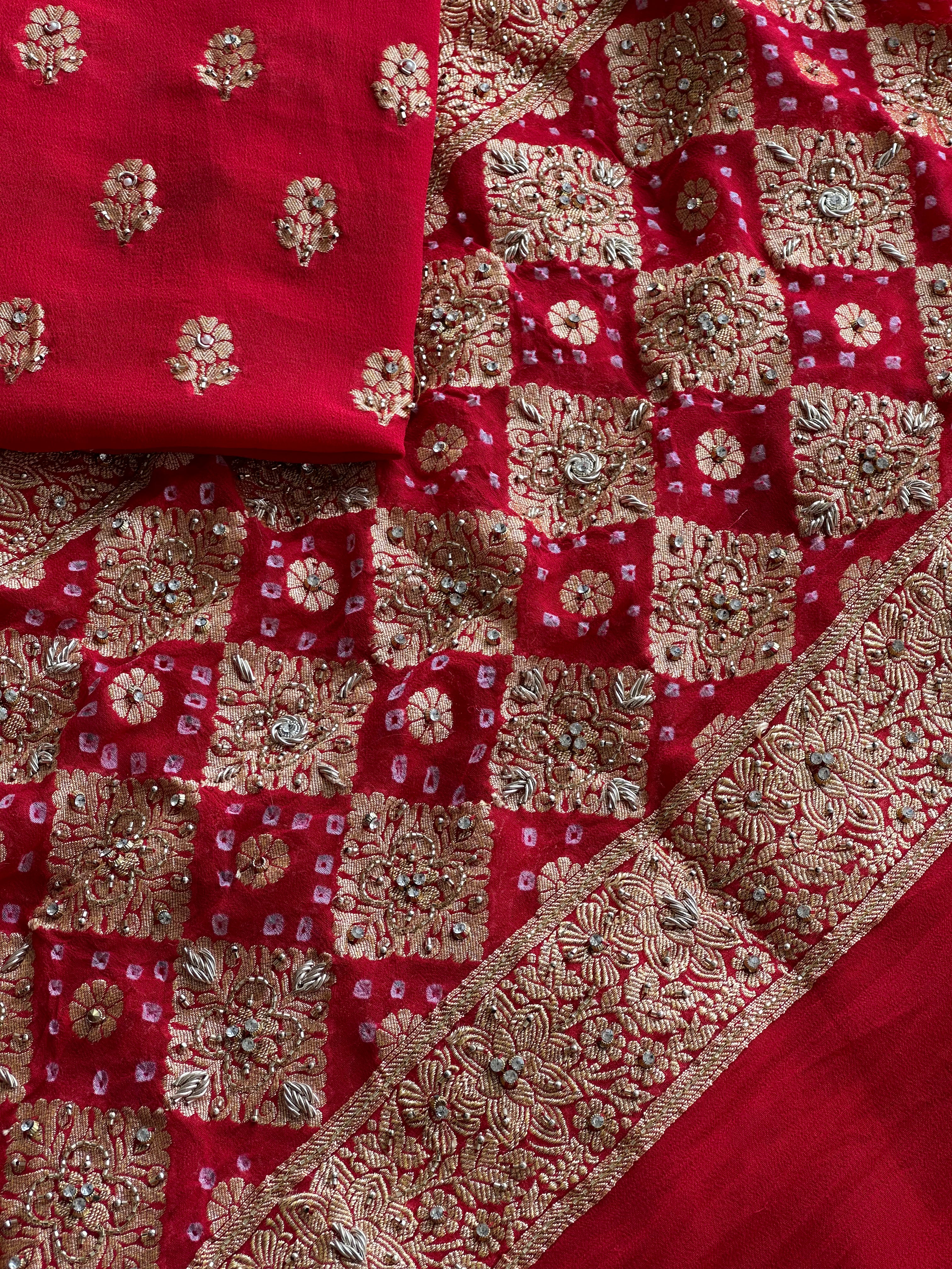 Luxury Banarasi Khaddi Georgette Suit with Heavy Embellished Dupatta & Crepe Bottom