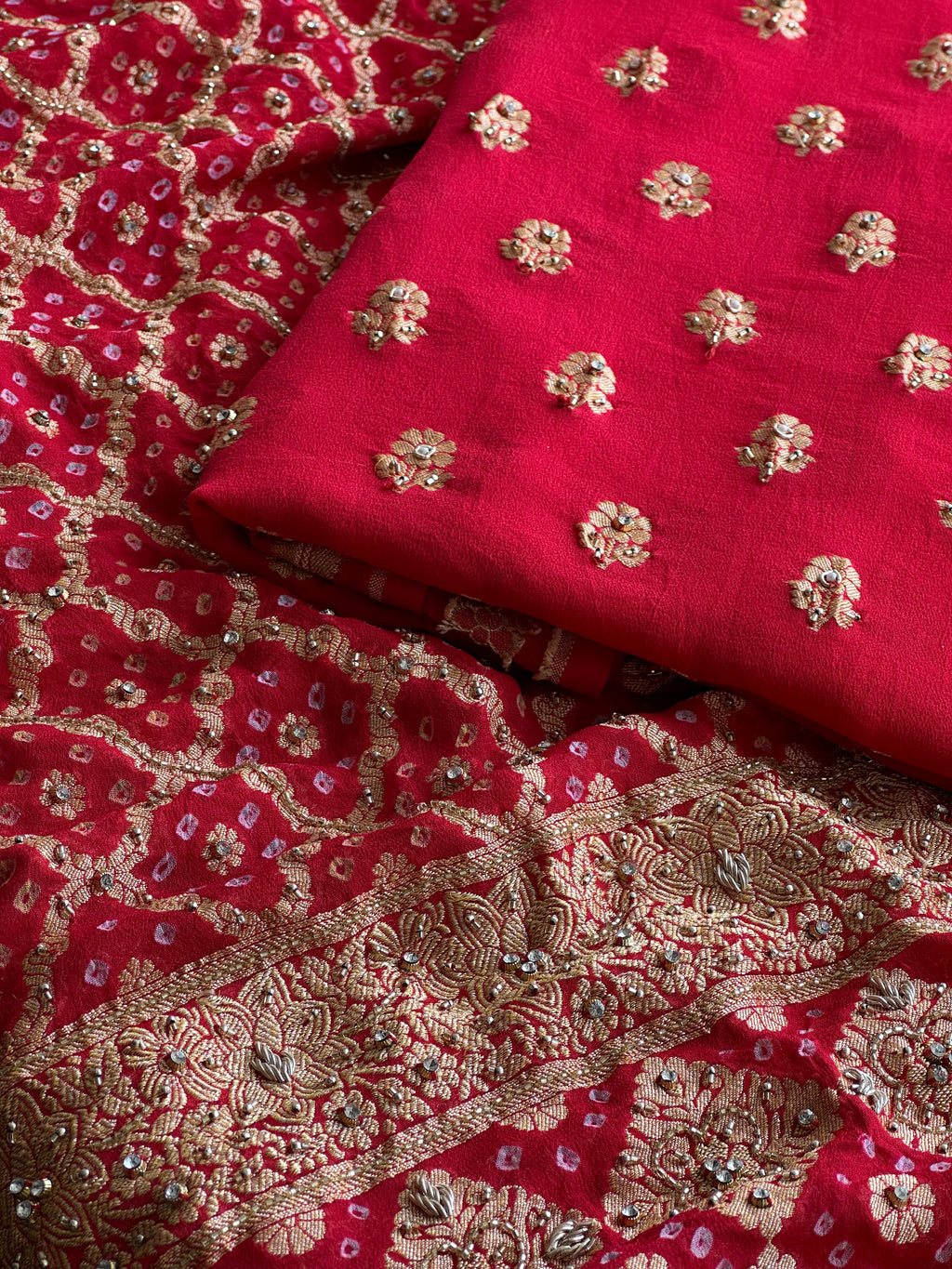 Luxury Banarasi Khaddi Georgette Suit with Heavy Embellished Dupatta & Crepe Bottom