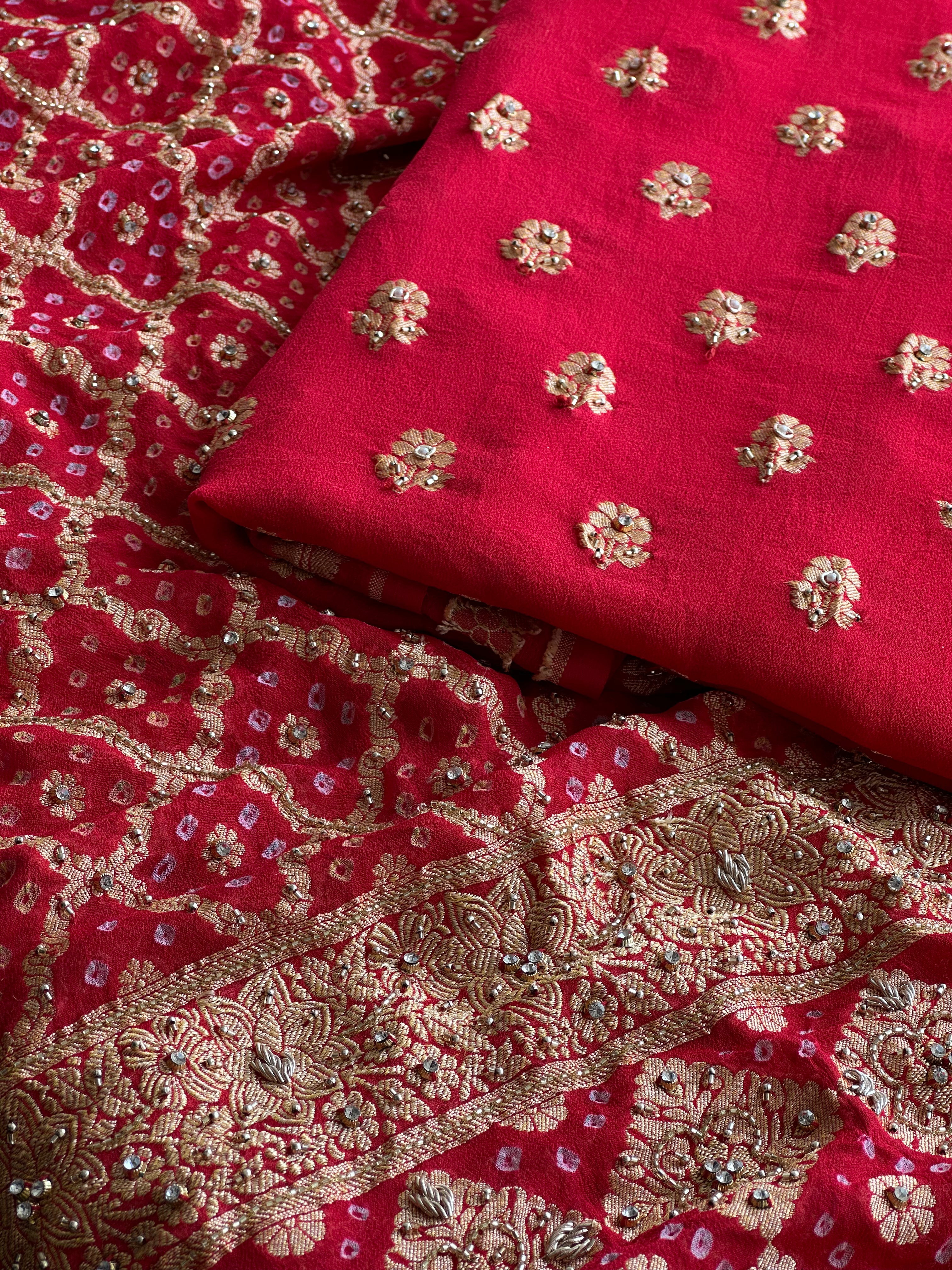 Luxury Banarasi Khaddi Georgette Suit with Heavy Embellished Dupatta & Crepe Bottom