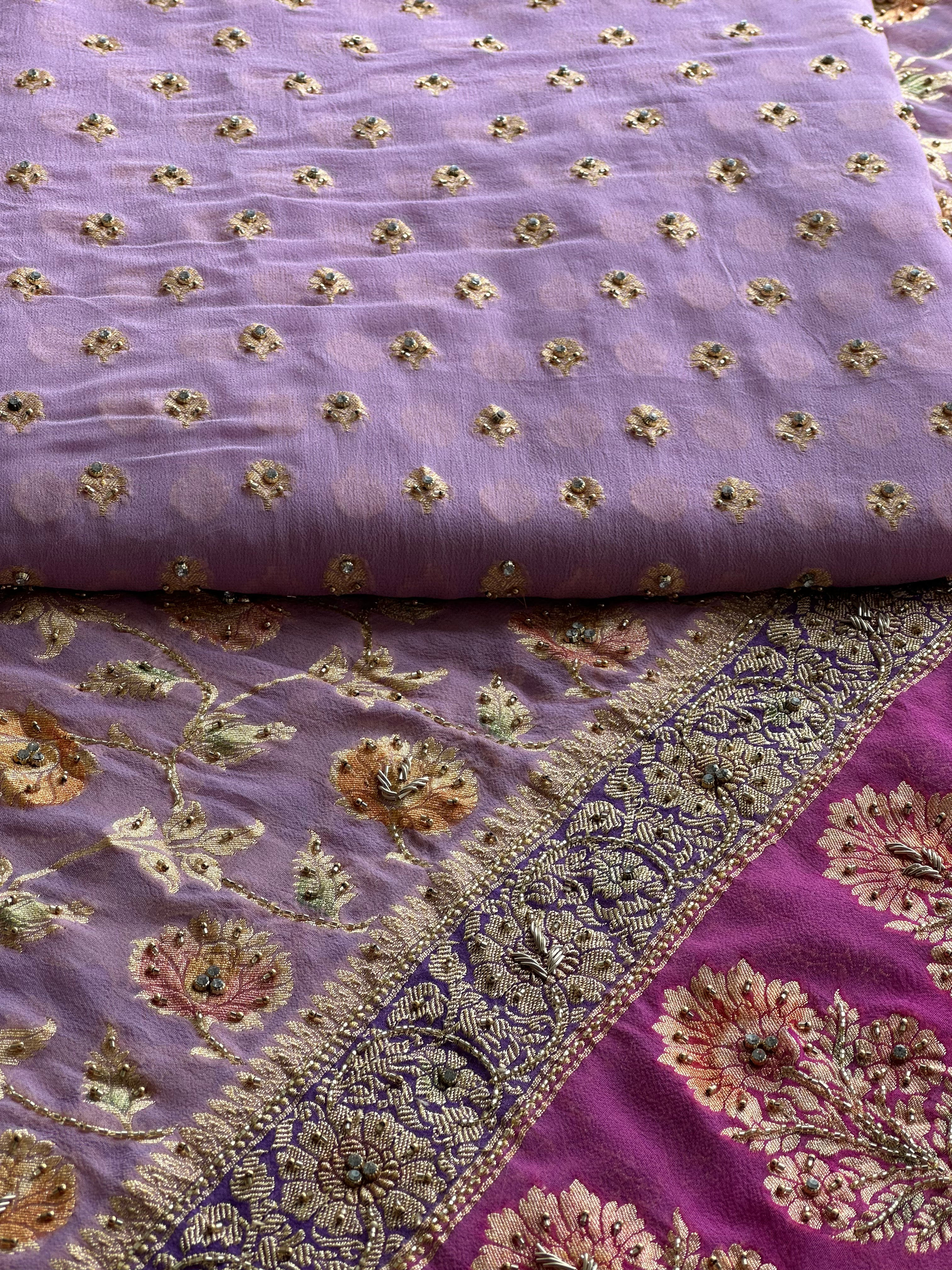 Lavender Khaddi Georgette Banarasi Suit with Zari Weaving & Hand Embellished Dupatta