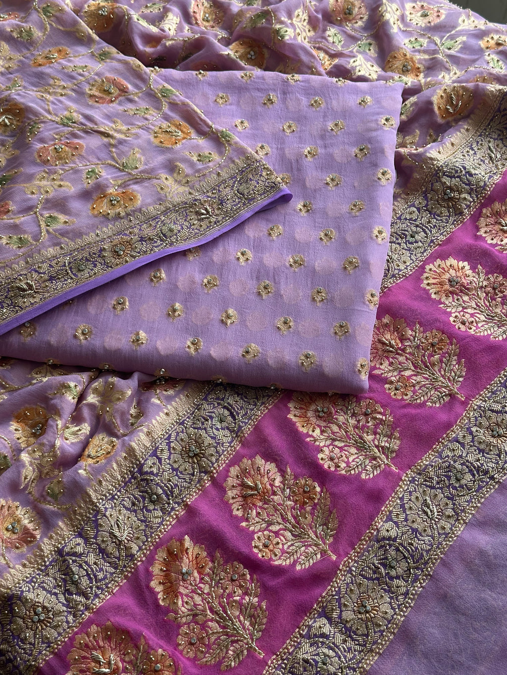 Lavender Khaddi Georgette Banarasi Suit with Zari Weaving & Hand Embellished Dupatta