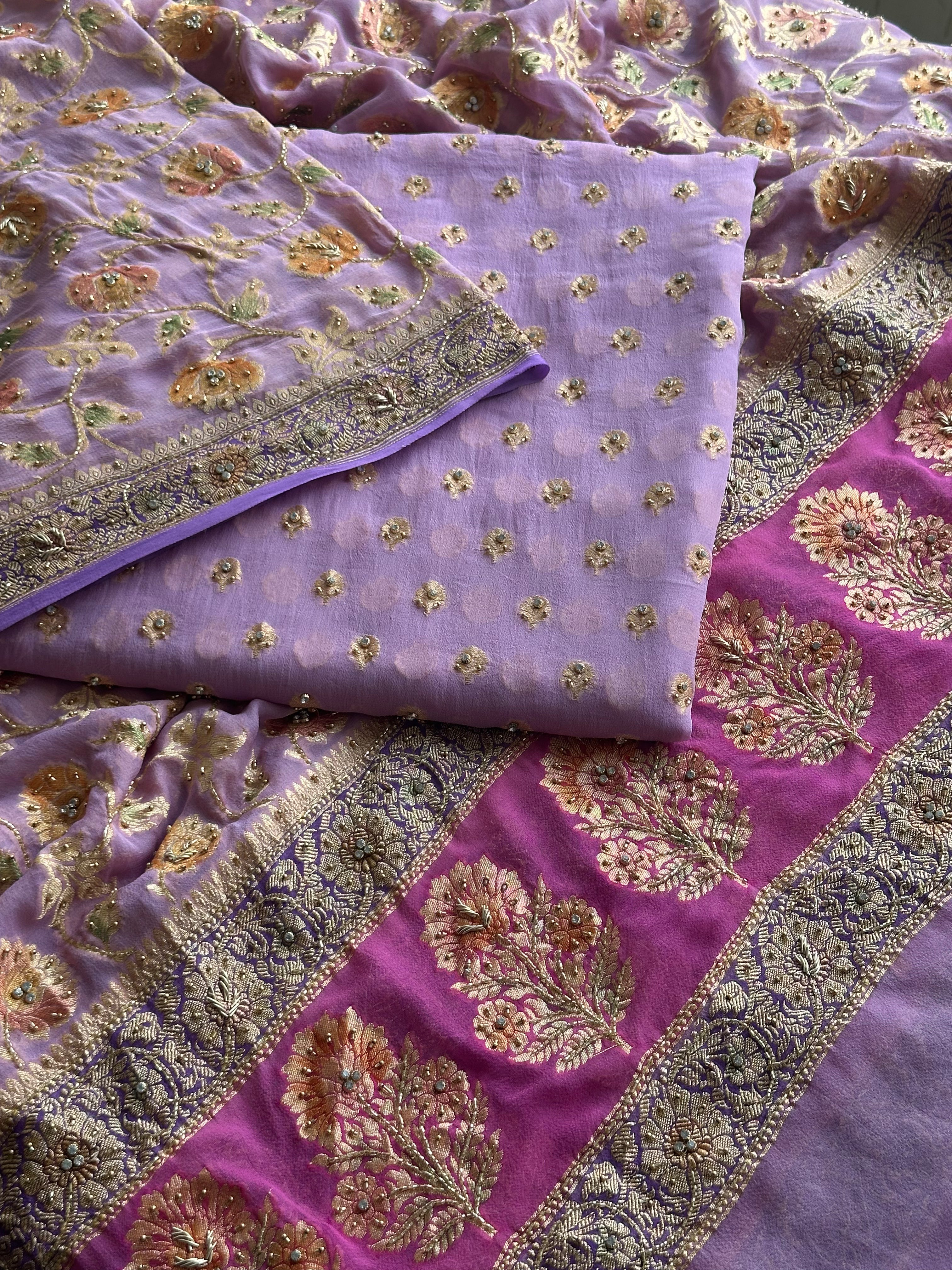 Lavender Khaddi Georgette Banarasi Suit with Zari Weaving & Hand Embellished Dupatta