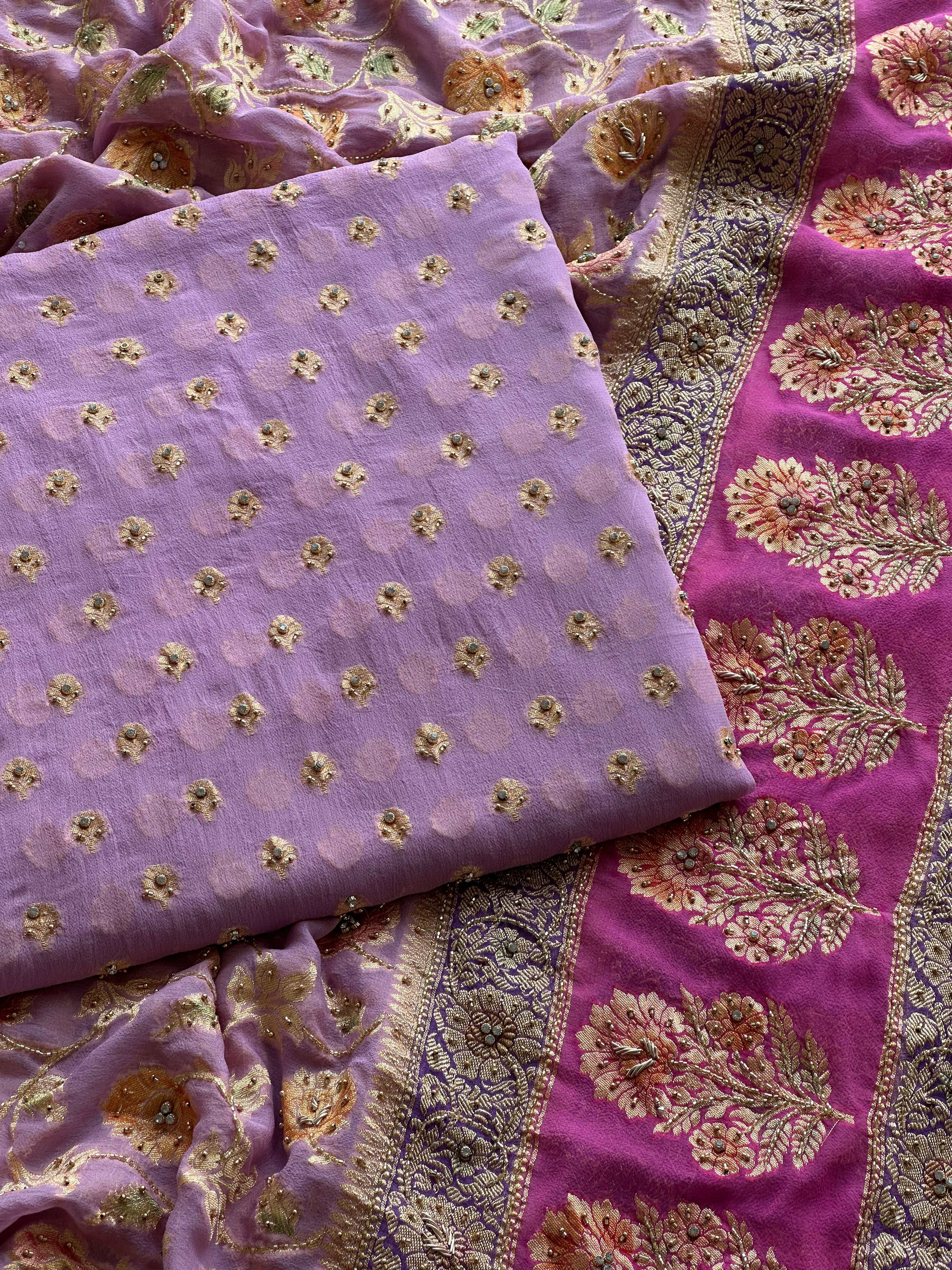 Lavender Khaddi Georgette Banarasi Suit with Zari Weaving & Hand Embellished Dupatta
