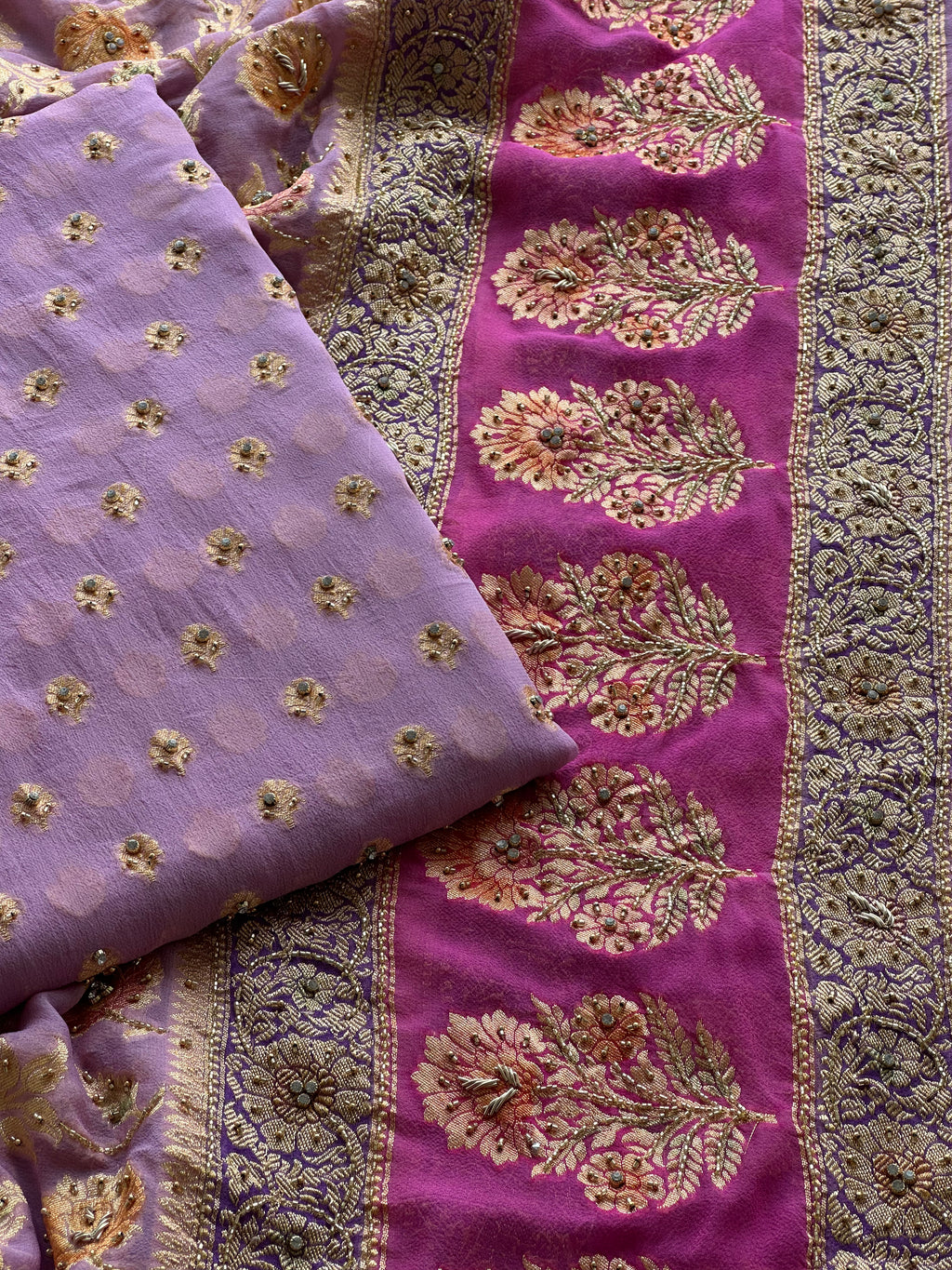 Lavender Khaddi Georgette Banarasi Suit with Zari Weaving & Hand Embellished Dupatta