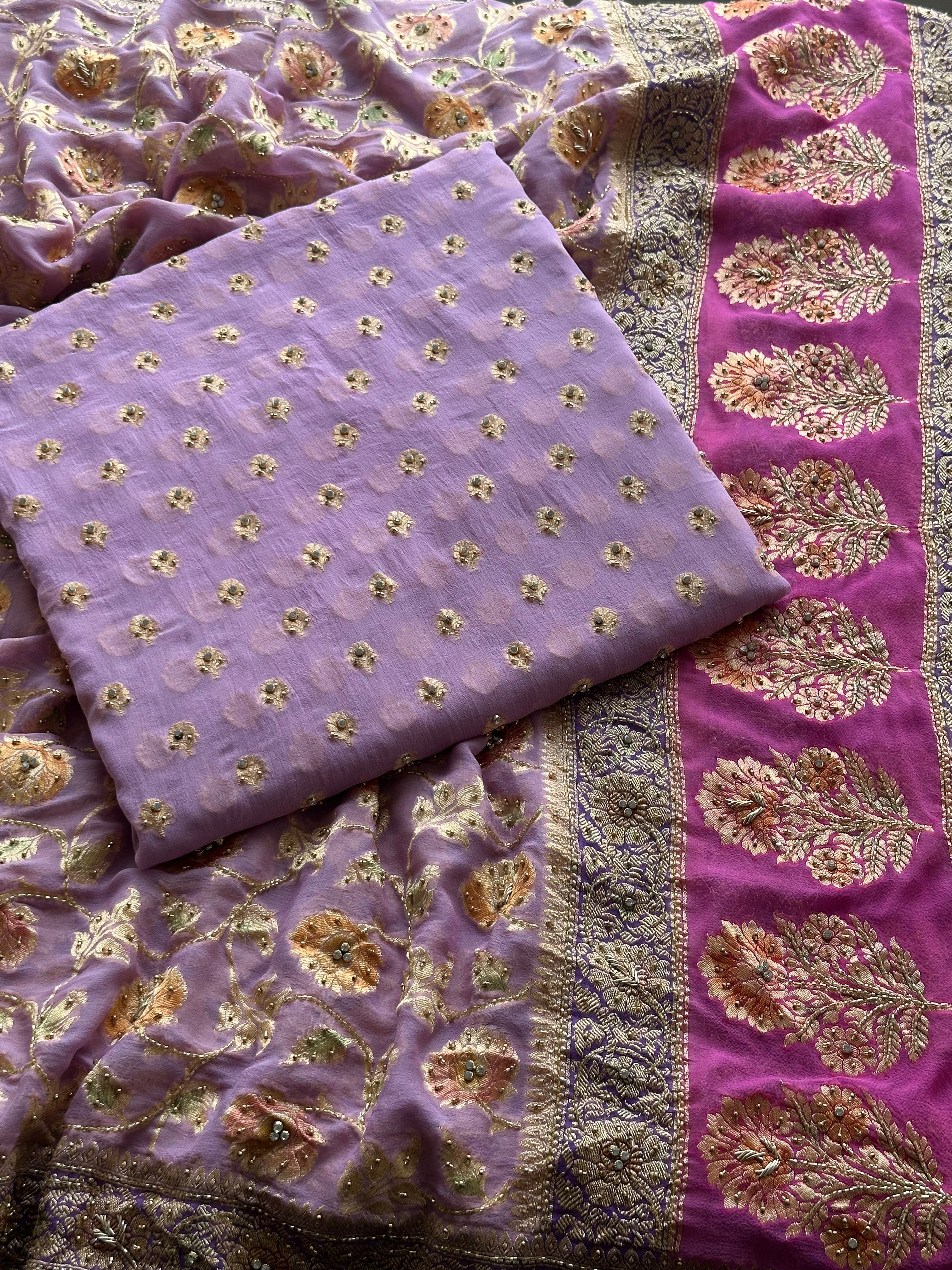 Lavender Khaddi Georgette Banarasi Suit with Zari Weaving & Hand Embellished Dupatta