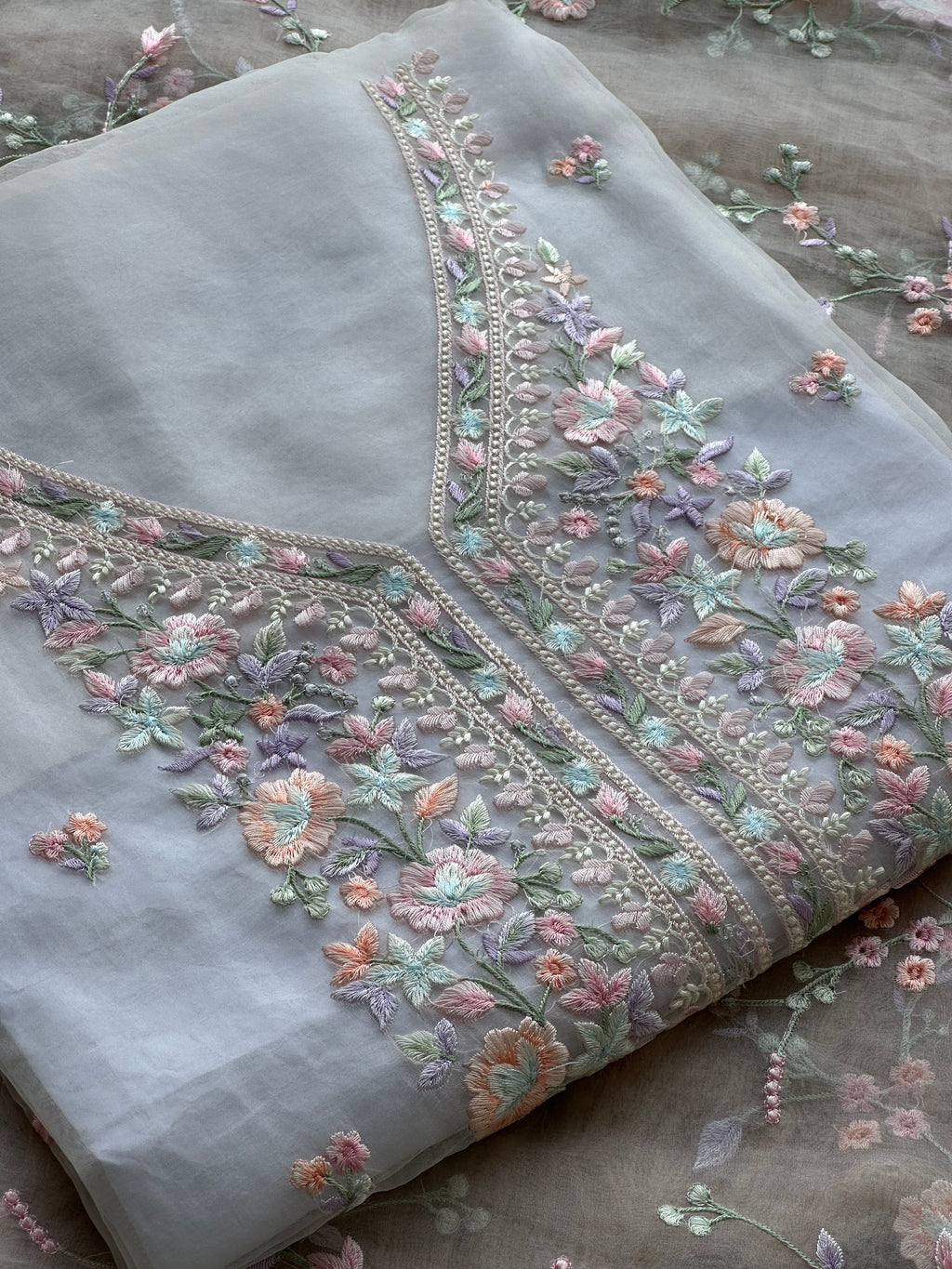 Pastel Bloom Hand-Embroidered Organza Suit Set