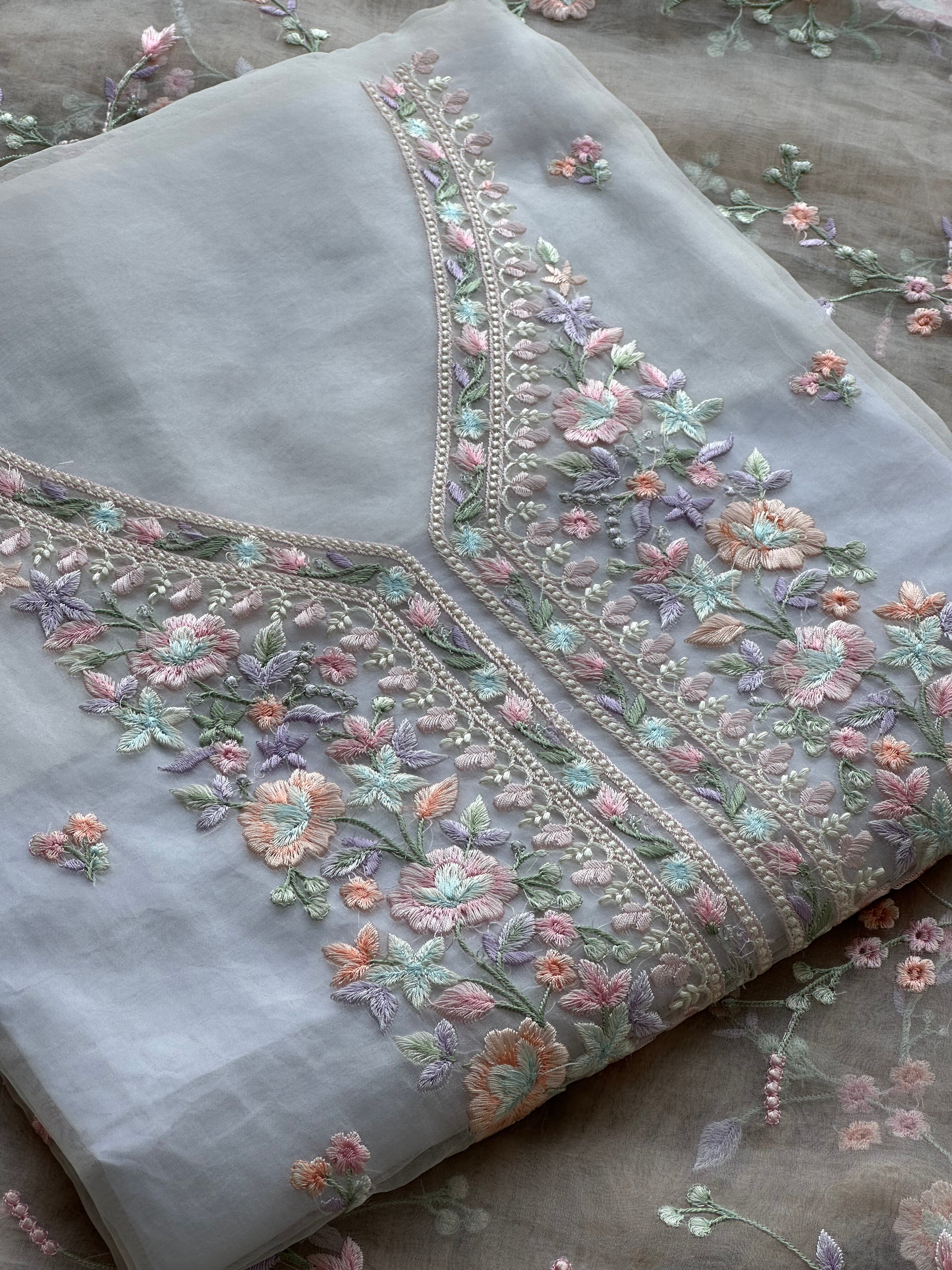 Pastel Bloom Hand-Embroidered Organza Suit Set