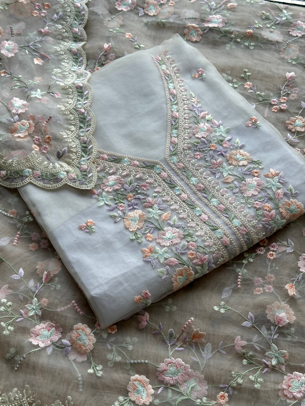 Pastel Bloom Hand-Embroidered Organza Suit Set