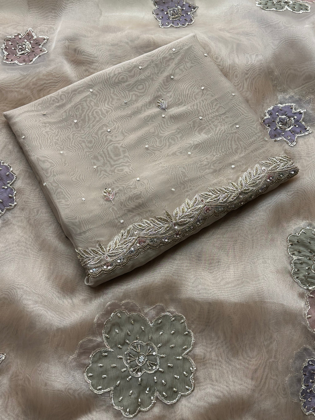 Ivory Mist Organza Suit with Hand Embroidered Floral Motifs & Scalloped Border