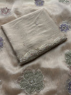 Ivory Mist Organza Suit with Hand Embroidered Floral Motifs & Scalloped Border