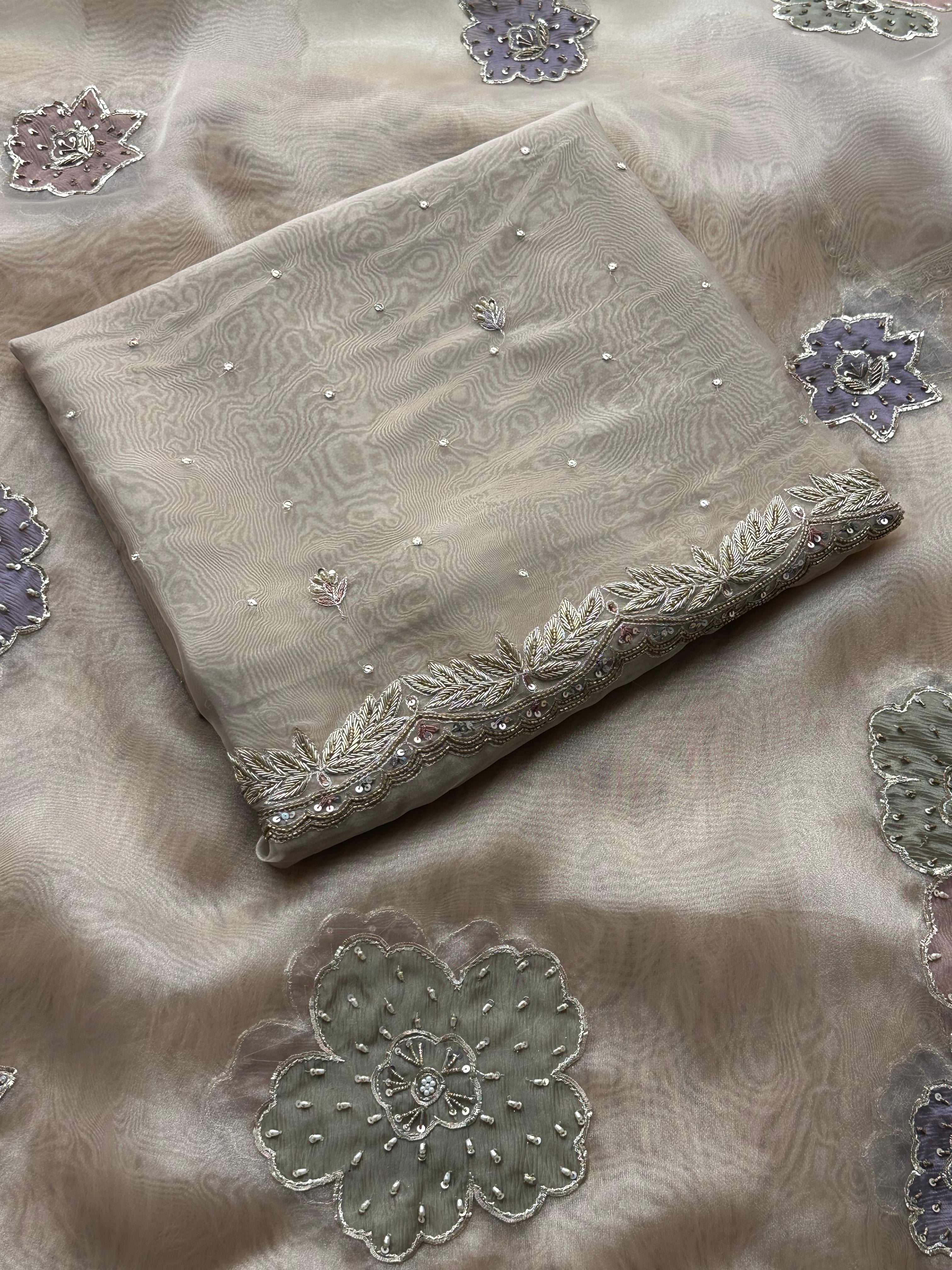 Ivory Mist Organza Suit with Hand Embroidered Floral Motifs & Scalloped Border