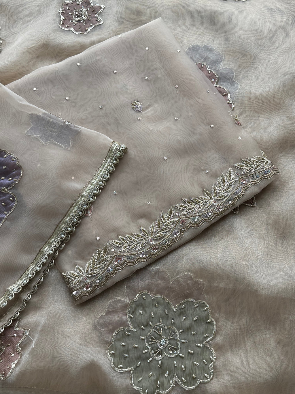Ivory Mist Organza Suit with Hand Embroidered Floral Motifs & Scalloped Border