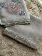 Ivory Mist Organza Suit with Hand Embroidered Floral Motifs & Scalloped Border